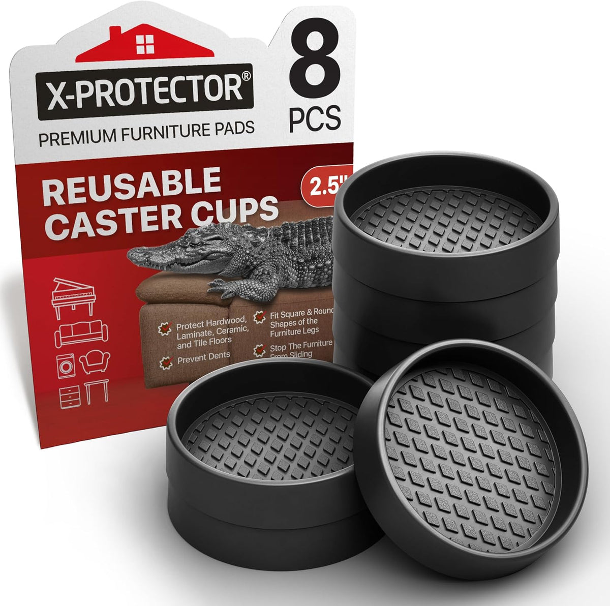 Furniture Cups X-PROTECTOR – 2.5" Caster Cups 8 PCS – Round Furniture Coasters – Ideal Bed Stoppers