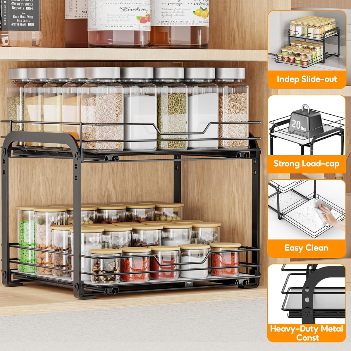 Spice Rack Organizer for Cabinet, 2 Tier Pull Out Spice Rack – Heavy Duty Metal Spice Organization