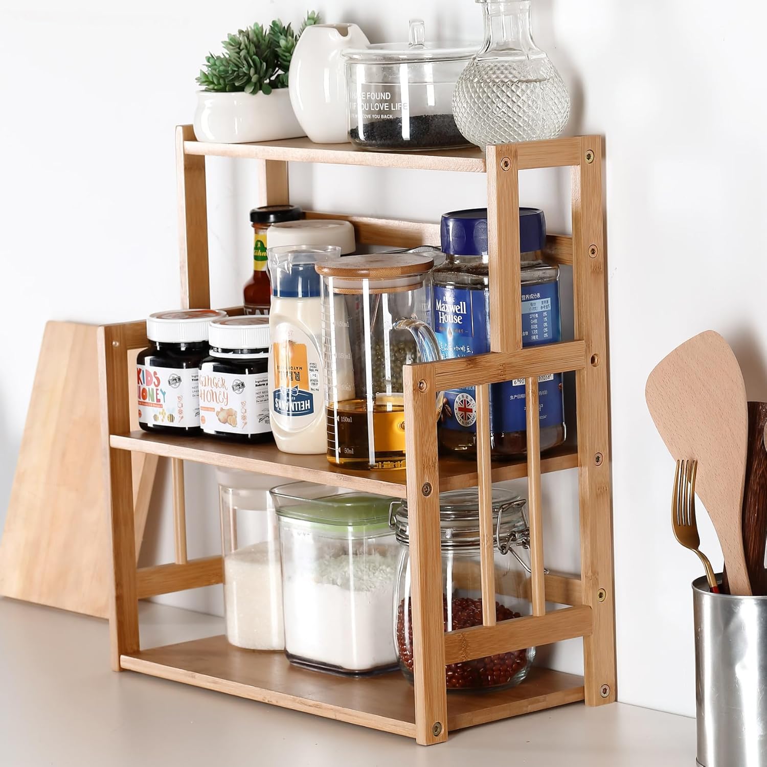Bamboo Spice Rack Kitchen Countertop Organizer Storage Shelves-3 tier Standing Pantry Shelf with