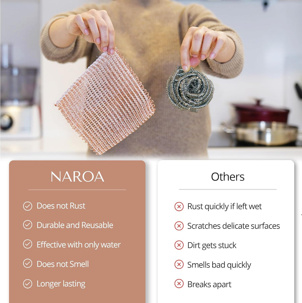 Naroa Copper Scrubbing Pads 3 Pack | 2-Ply Non-Abrasive Metal Mesh Scrubber | Reusable Copper