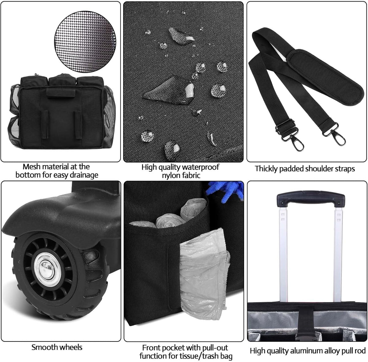Extra Large Rolling Cleaning Caddy Bag with Detachable, Foldable Trolley Portable Cleaning Cart for
