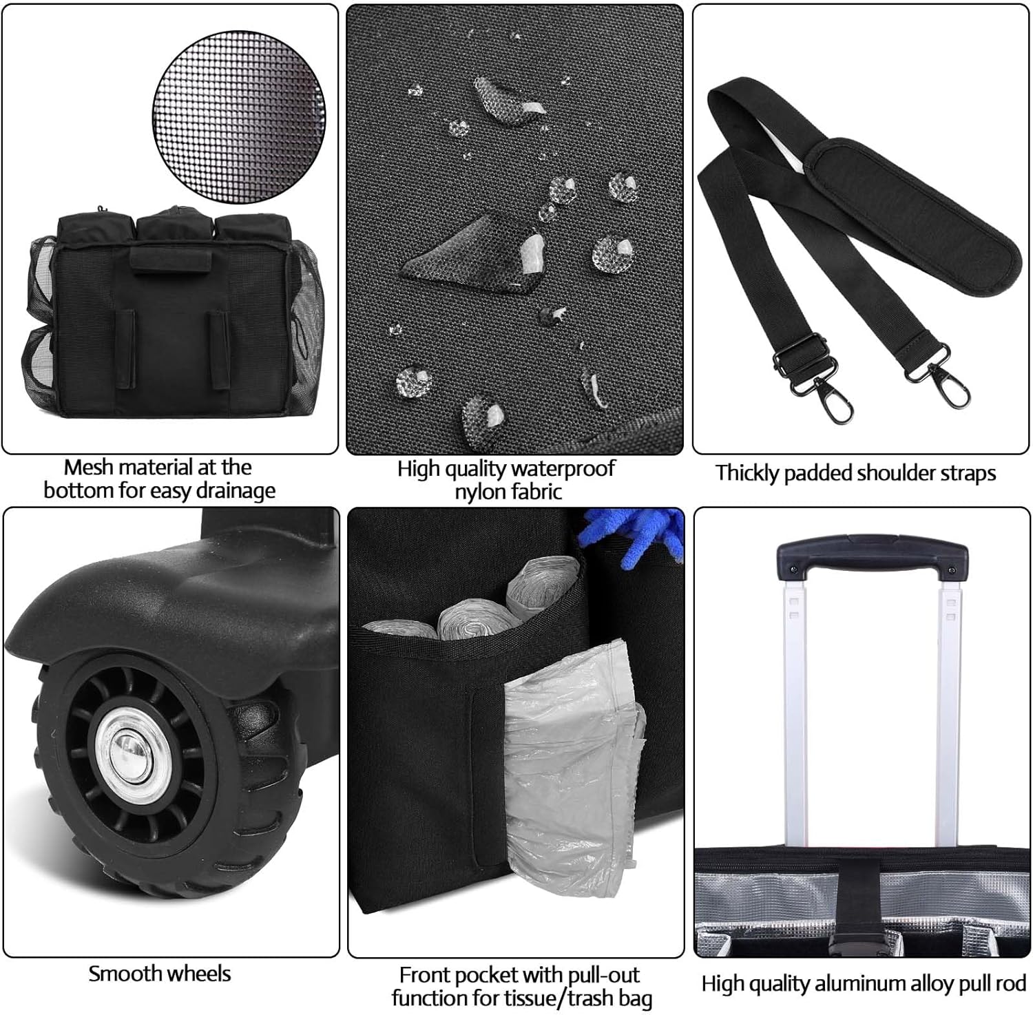 Extra Large Rolling Cleaning Caddy Bag with Detachable, Foldable Trolley Portable Cleaning Cart for