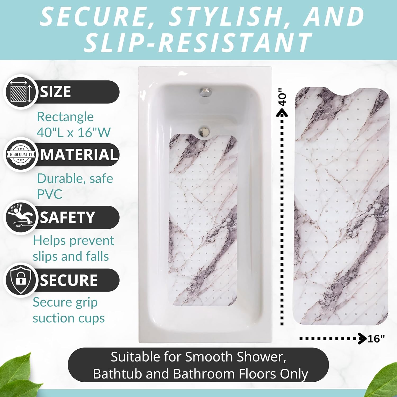 ENKOSI Bath Mat – Large 40 x 16 Inch Non-Slip Bathtub Mat with Suction Cups & Drain Holes – Extra