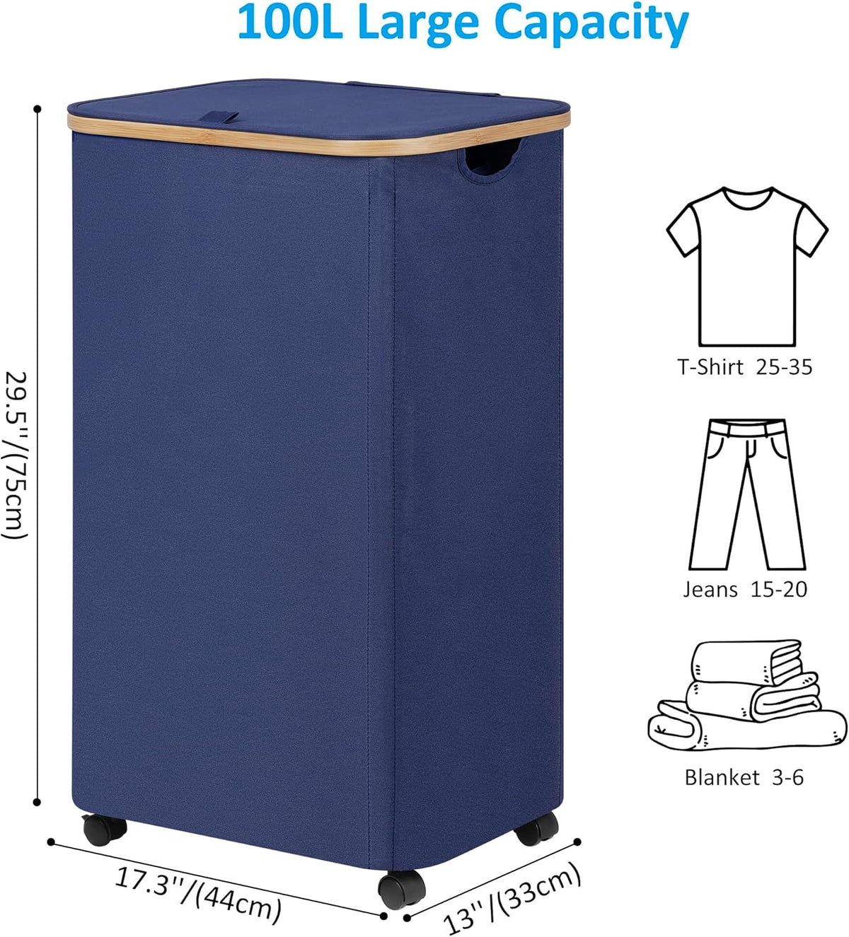 efluky Laundry Basket with Wheels, Tall Rolling Laundry Hamper with Lid and Removable Bag