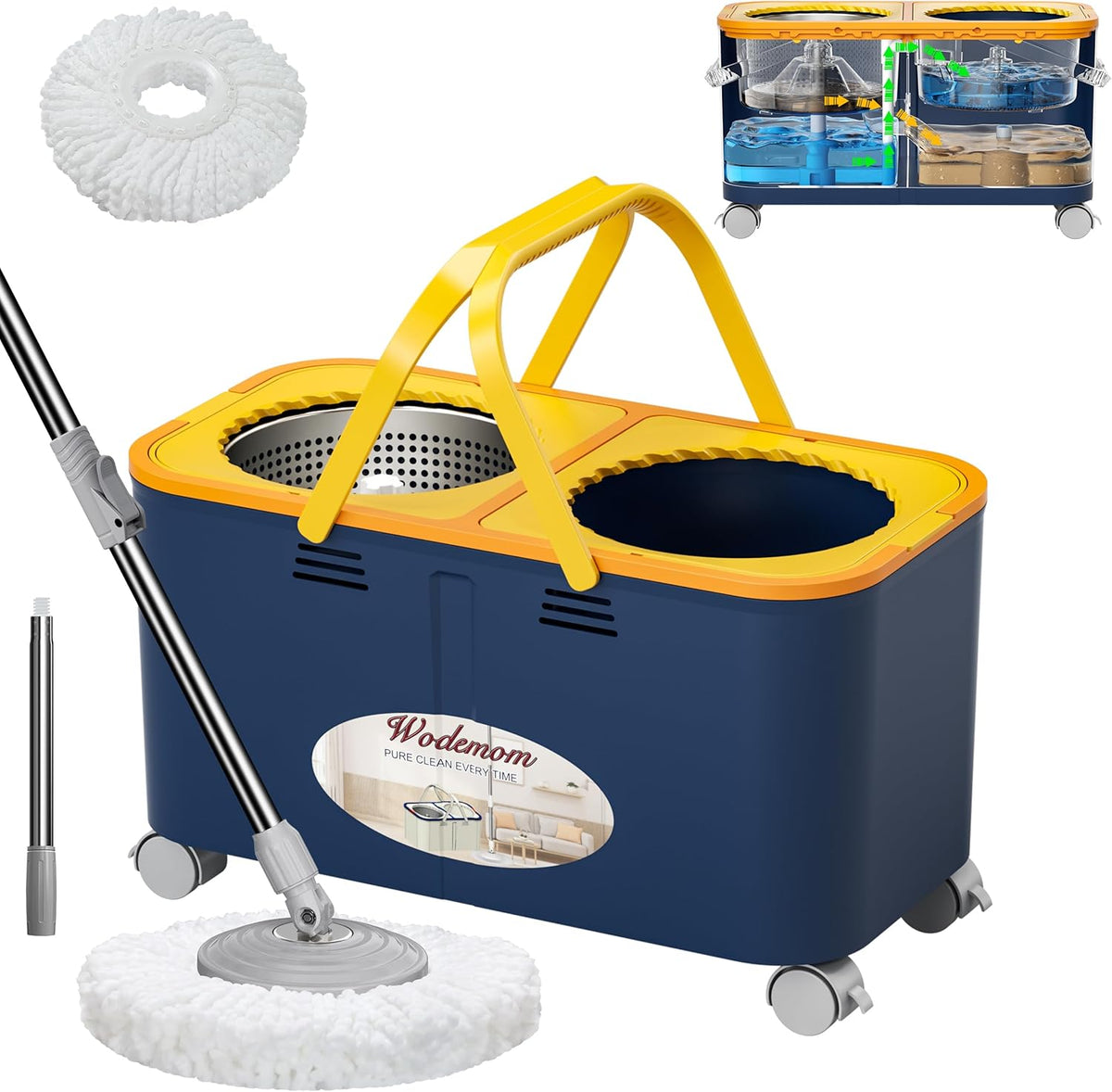 Mop and Bucket with Wringer Set for Home, Spin Mop and Bucket Separate Clean and Dirty Water, Mops