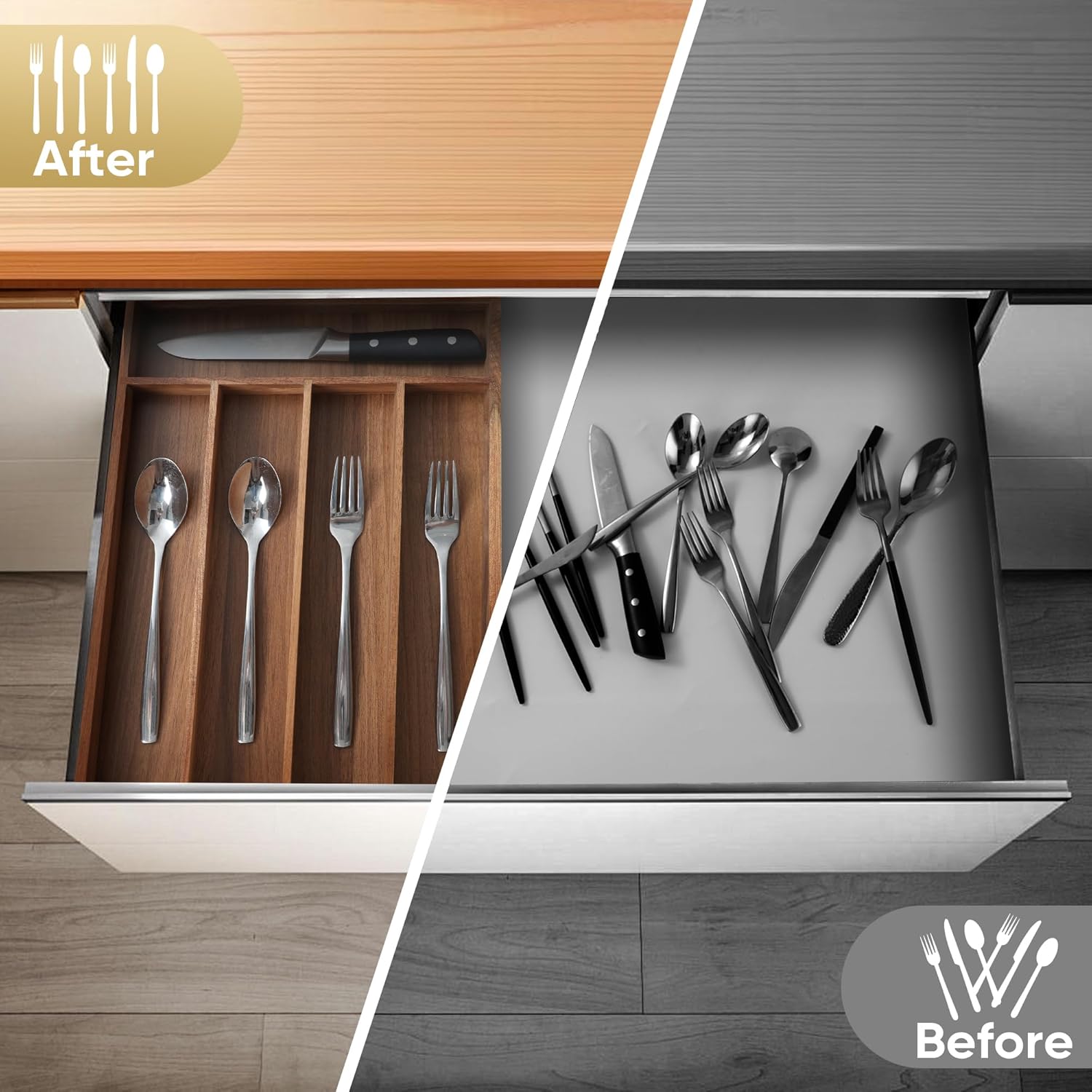 Silverware Organizer, 2 Pack 10 Inch Utensil Organizer Kitchen Drawer Organizer Acacia Silverware