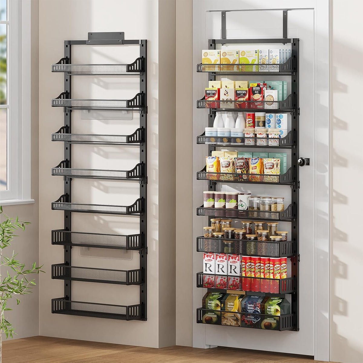 8-Tier Over the Door Pantry Organizer, Large Metal Door Spice Rack with Adjustable Basket, 2 in 1