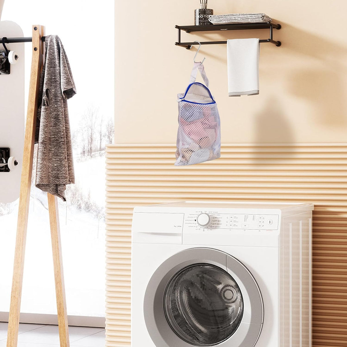 3 Pack Hanging Mesh Laundry Bags with S Metal Hooks,10x12 Inch Hanging Socks Laundry Bags, for