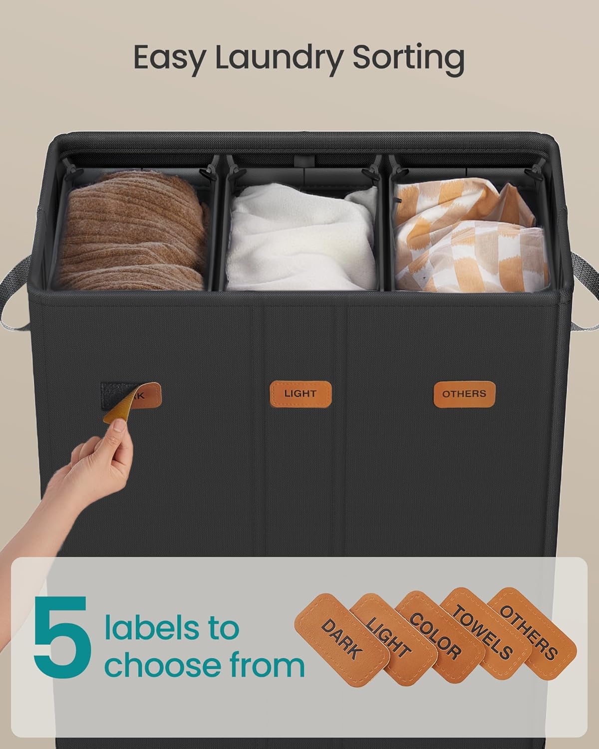 SONGMICS 42.2 Gallon (160 L) Laundry Hamper, 3-Compartment Laundry Basket Sorter with Lid, Labels