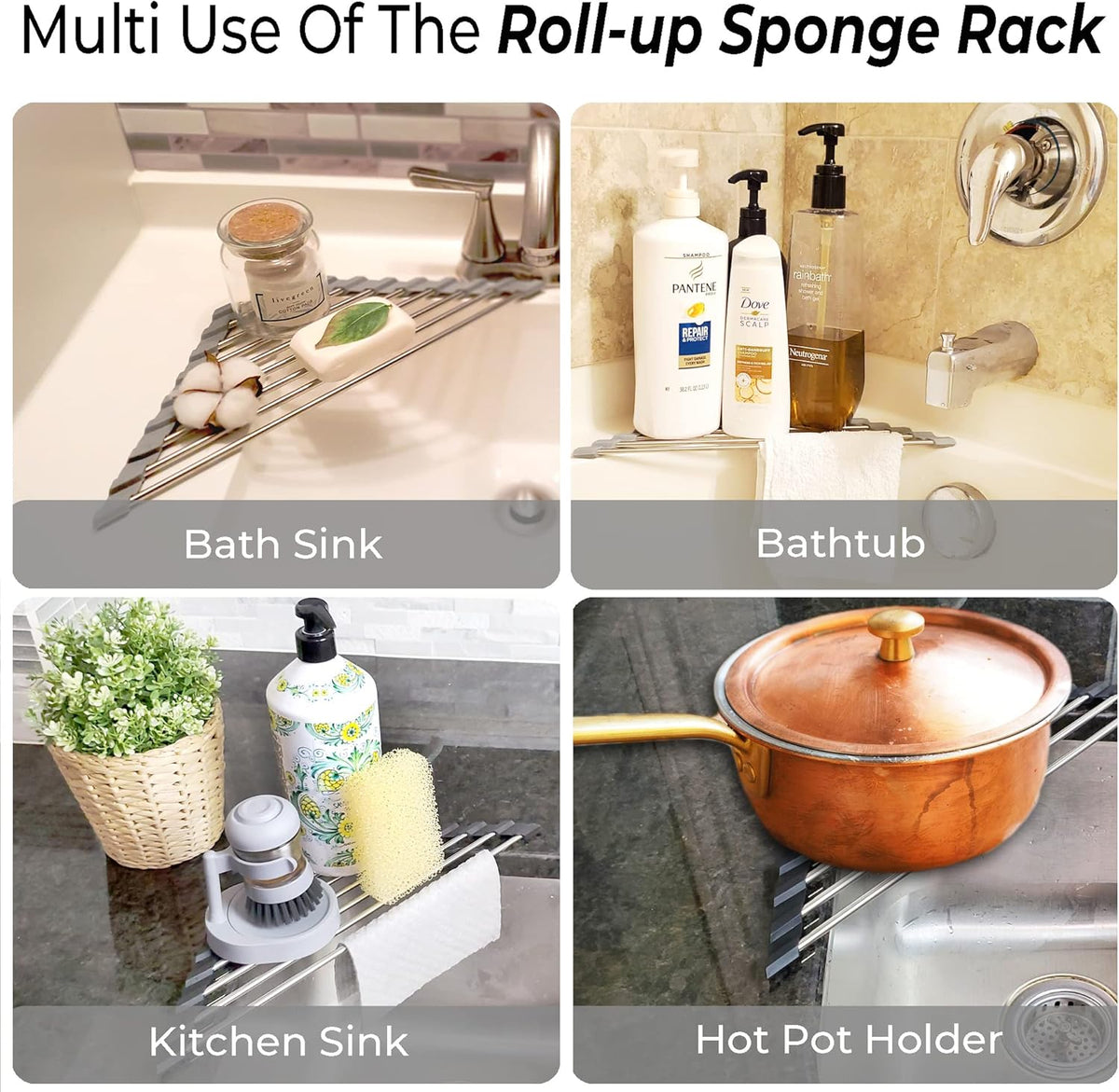 Roll Up Sponge Holder for Counter, Sink Organizer for Kitchen, Bathroom, Laundry Room