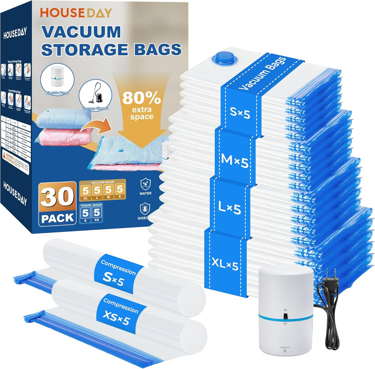 HOUSE DAY 30 Pack Vacuum Storage Bags with Electric Pump, 4 Sizes + 2 Roll-Up (5 Each), Space Saver