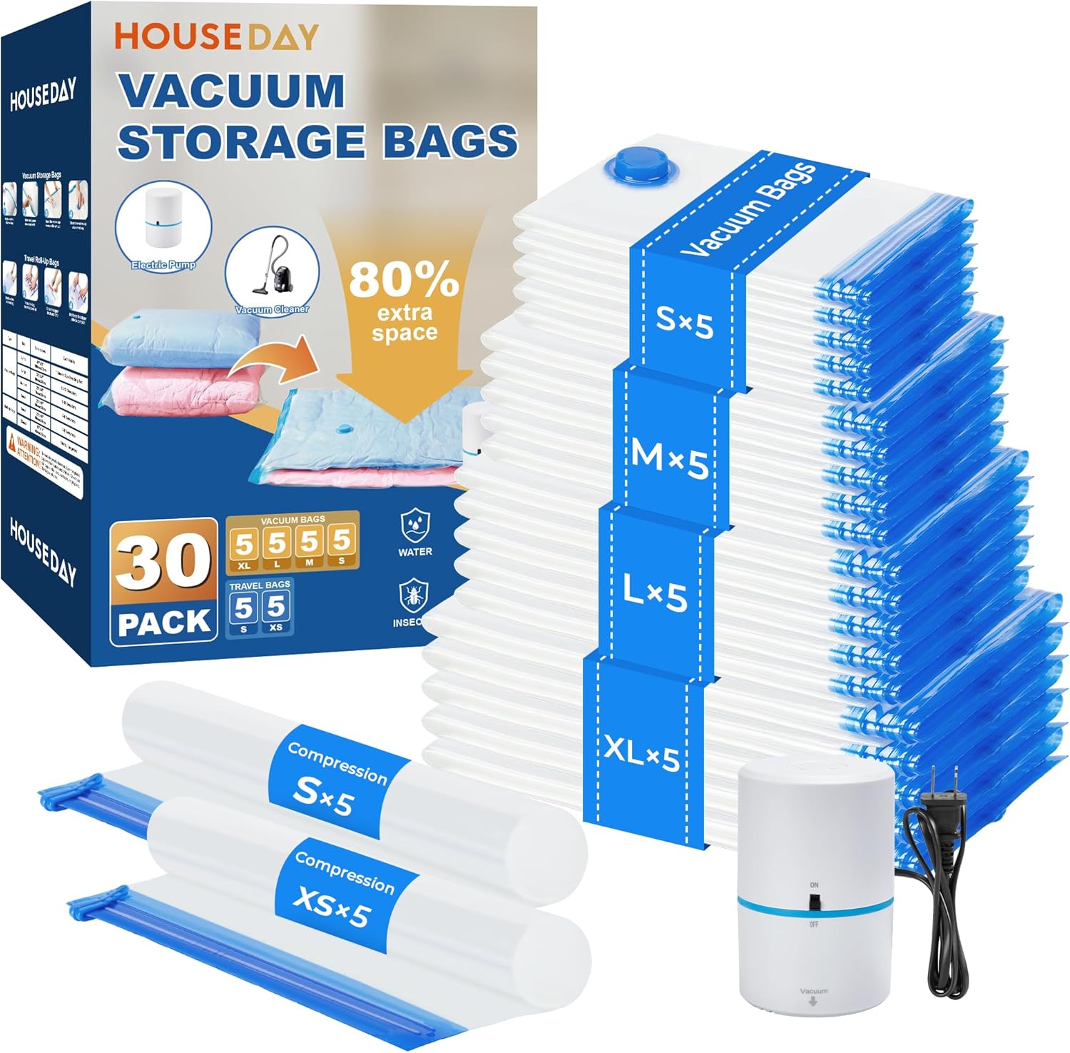 HOUSE DAY 30 Pack Vacuum Storage Bags with Electric Pump, 4 Sizes + 2 Roll-Up (5 Each), Space Saver