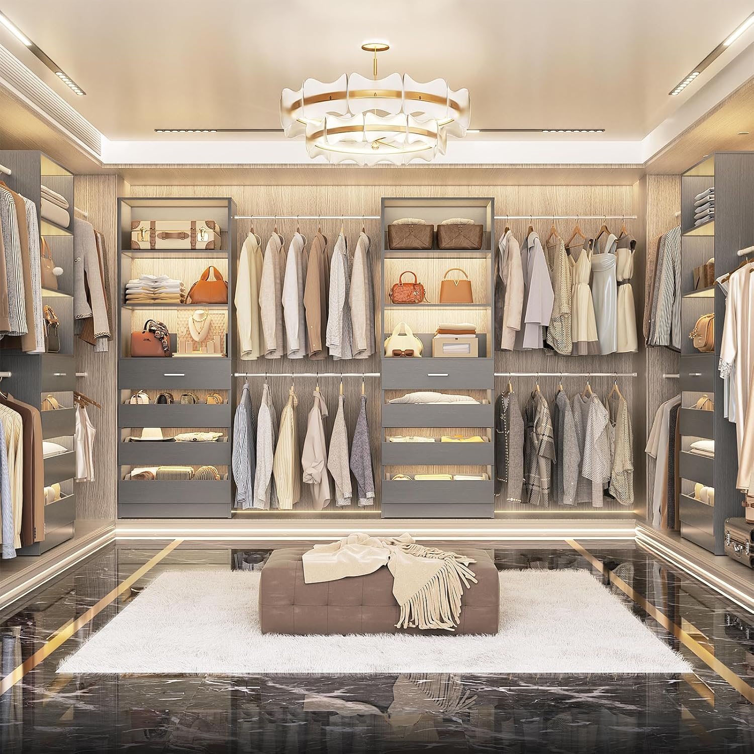 Aheaplus Closet System, 6-15Ft Closet Organizer with 8 Wooden Drawers, Wood Closet Organizer System