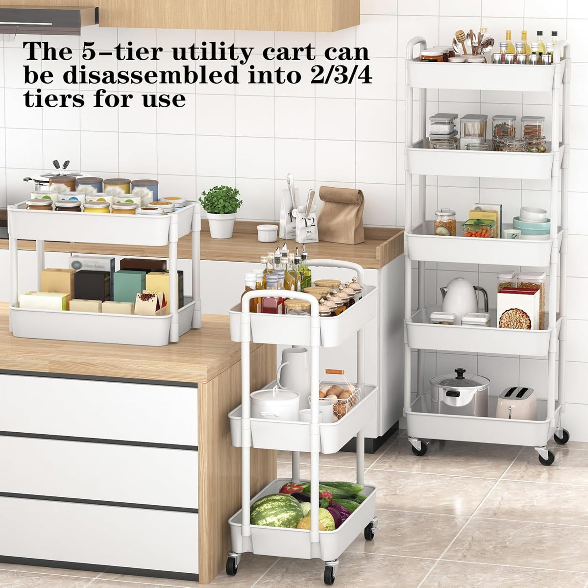 Sywhitta 5-Tier Plastic Rolling Utility Cart with Handle, Multi-Functional Storage Trolley for