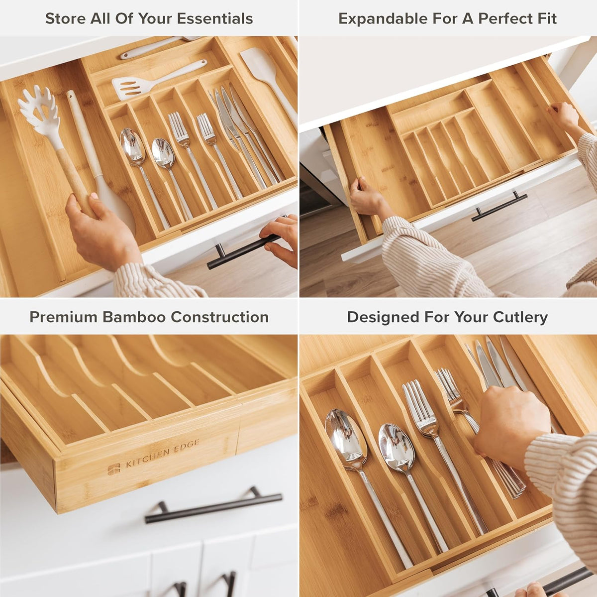 KitchenEdge Premium Silverware, Flatware and Utensil Organizer for Kitchen Drawers, Food-Safe