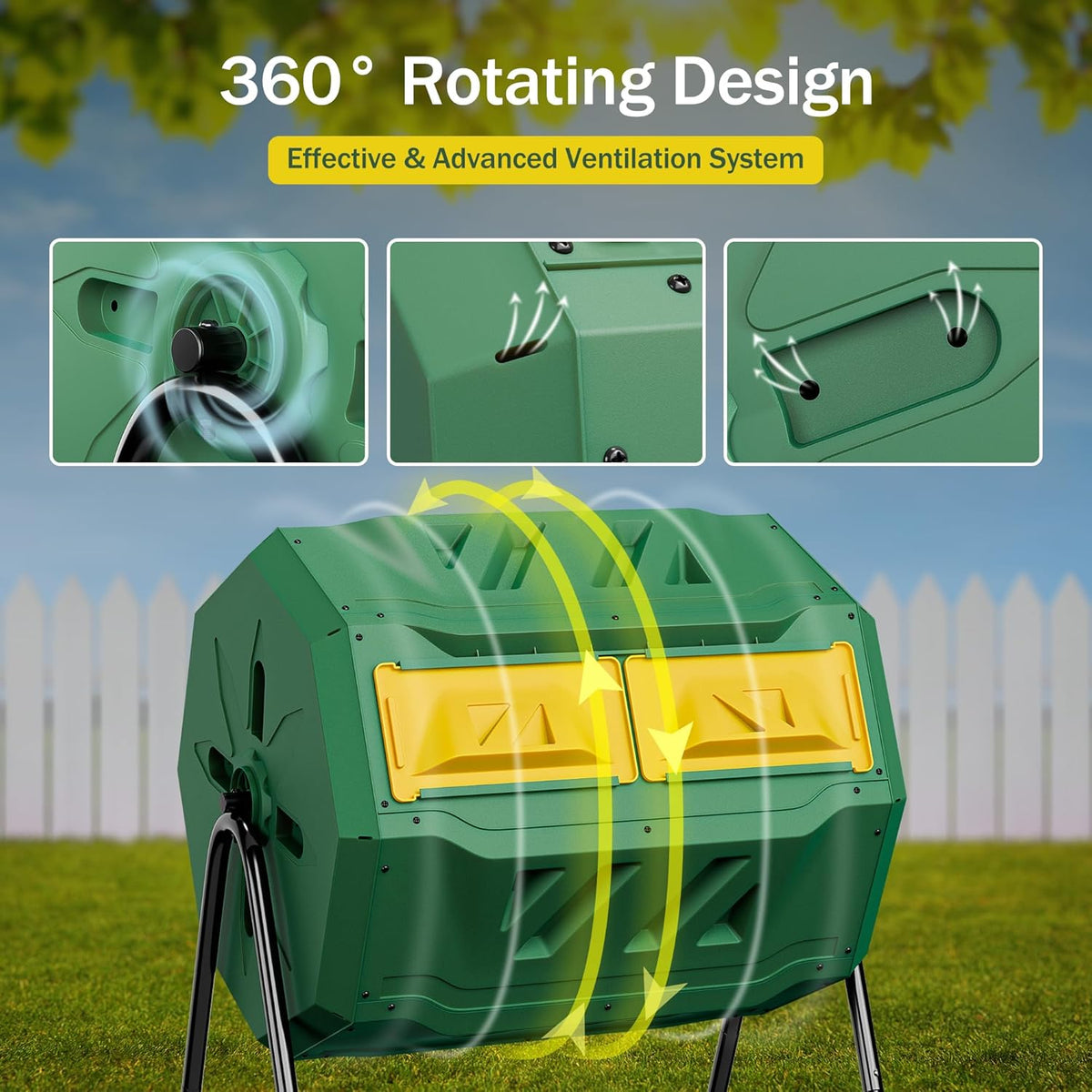43 Gallon Outdoor Dual Chamber Tumbling Composter - BPA Free, Rotating Compost Bin with Sliding