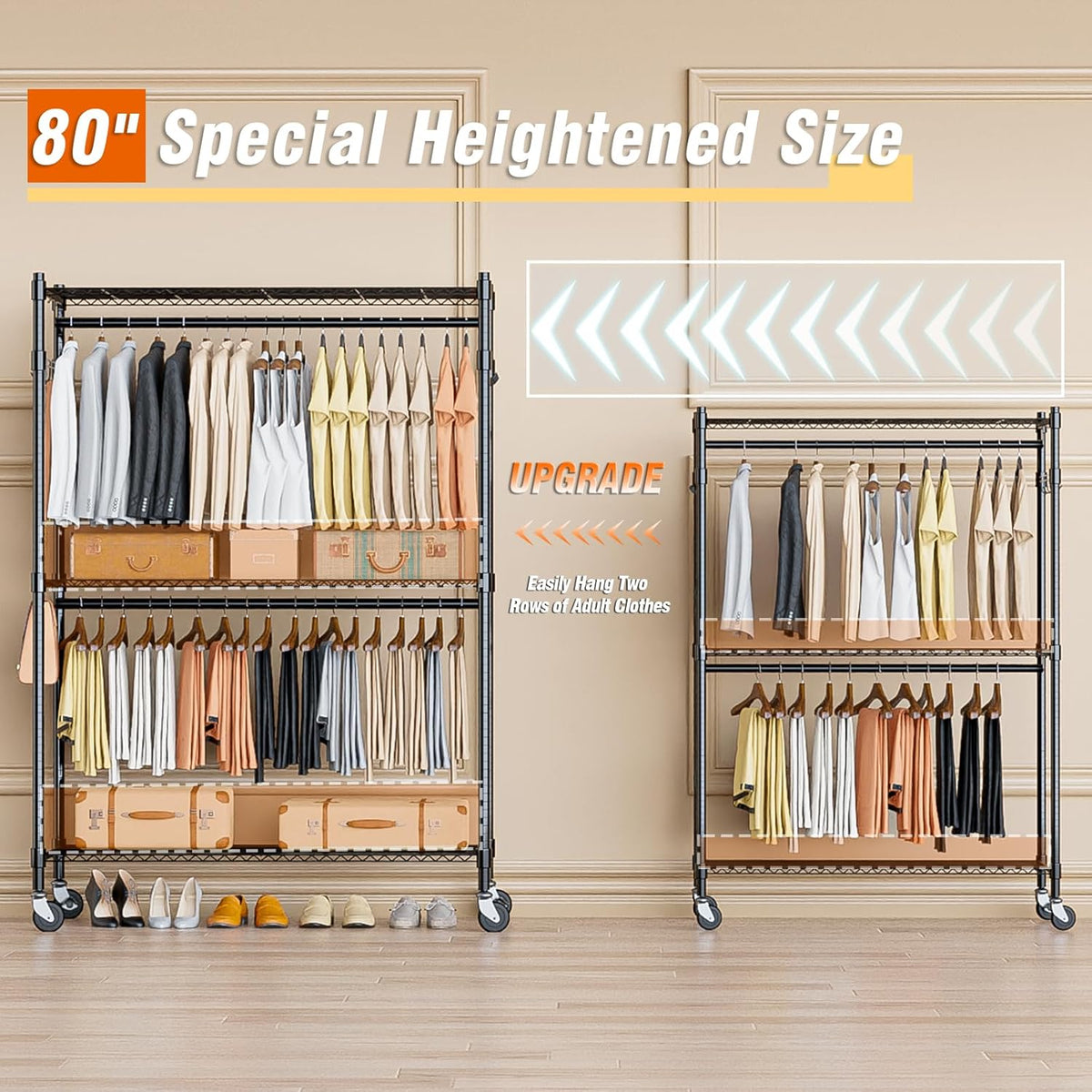 Homdox 3 Tier Heavy Duty Garment Rack with Wheels, Adjustable Wire Clothes Rack with Double Hanging