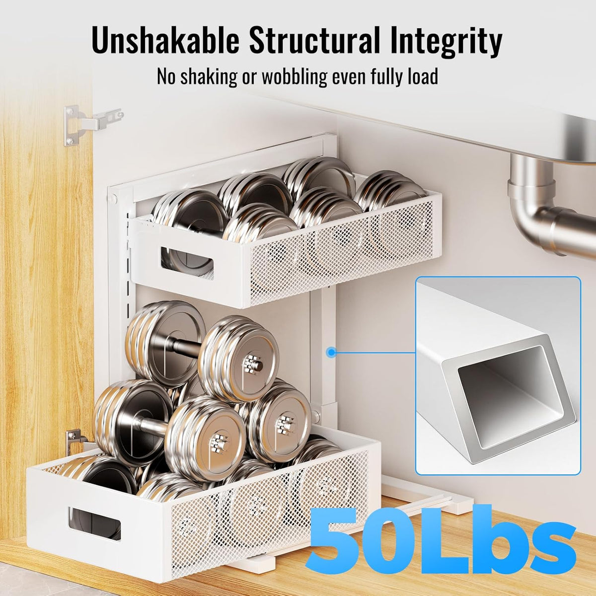 Full Metal Under Sink Organizer, Pull Out Cabinet Organizers and Storage, Silk-Smooth Sliding
