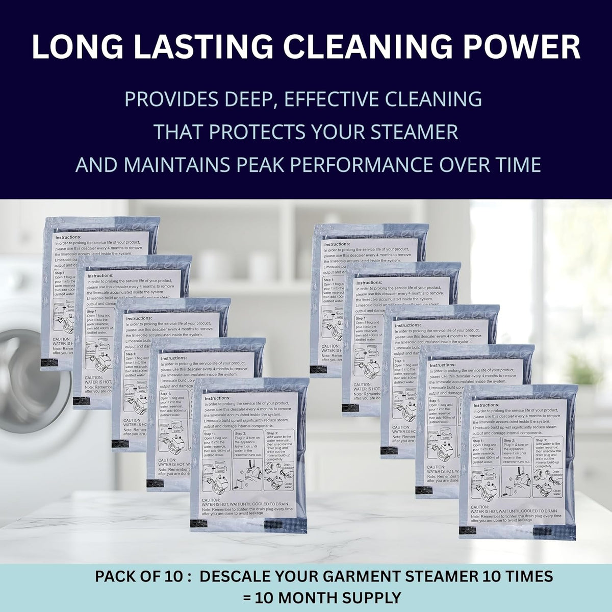 Garment Steamer Descaling Solution Decalcifier Packets for Mineral Deposits and Build-up Removal