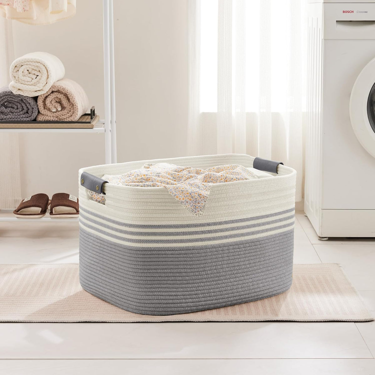 86L Extra Large Laundry Basket with Leather Handles for Living Room Storage, Woven Rope Baskets for