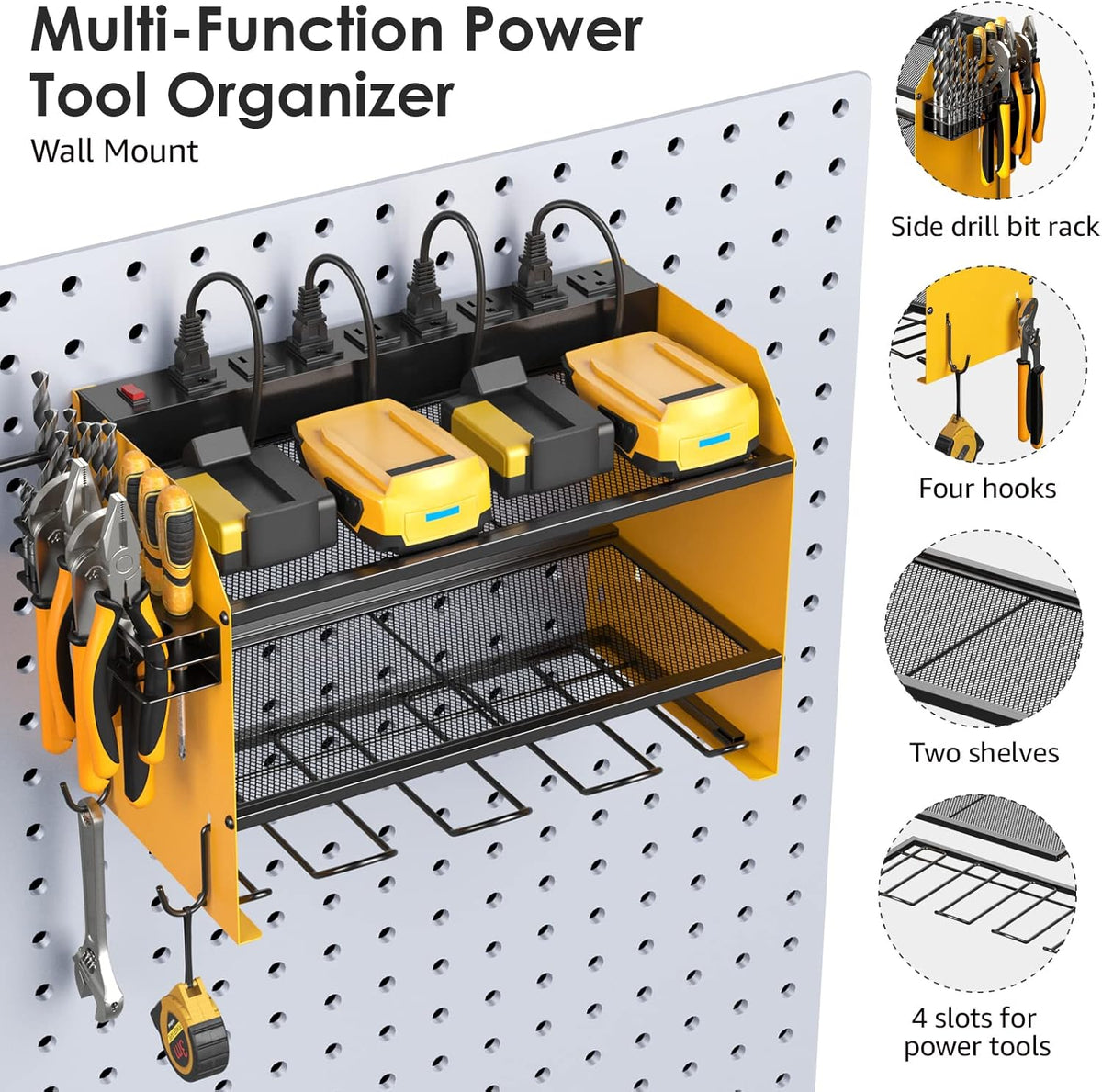 CCCEI Modular Power Tool Organizer Wall Mount with Charging Station. Garage 4 Drill Storage Shelf