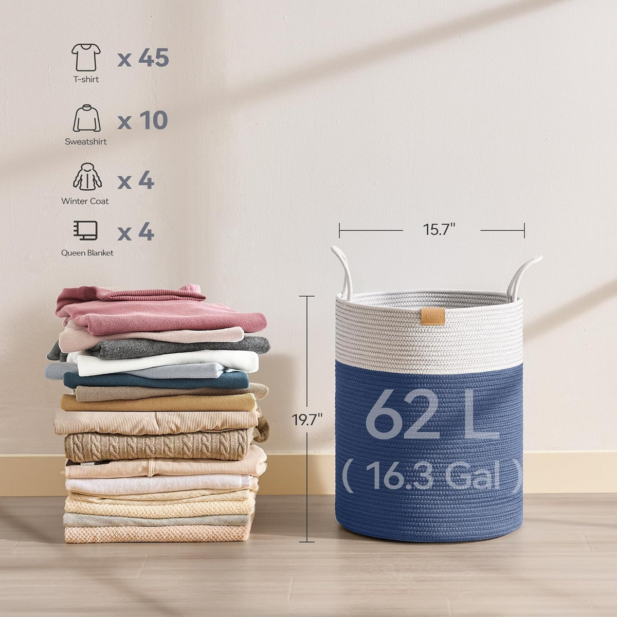 Laundry Hamper 62L,Large Laundry Basket for Clothes,Decorative Storage Basket for Blankets,Cotton