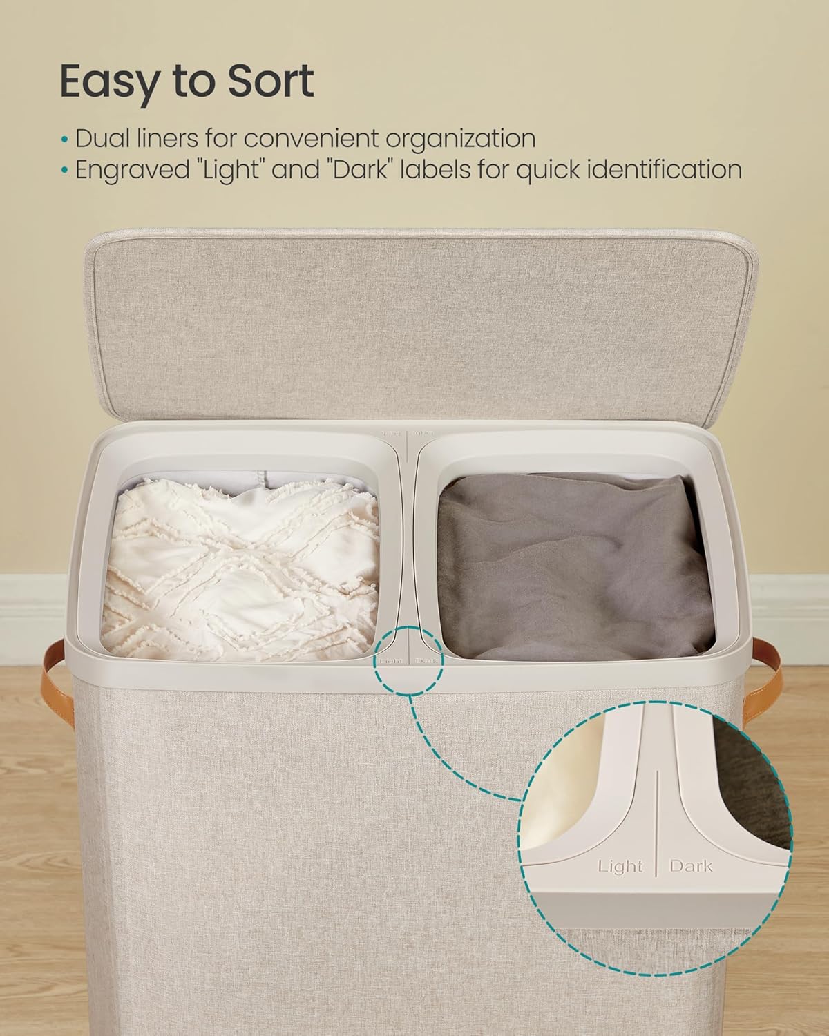 SONGMICS Laundry Basket, 44.9 Gal. Laundry Hamper, 2 Compartments, Easy Assembly, with Lid and