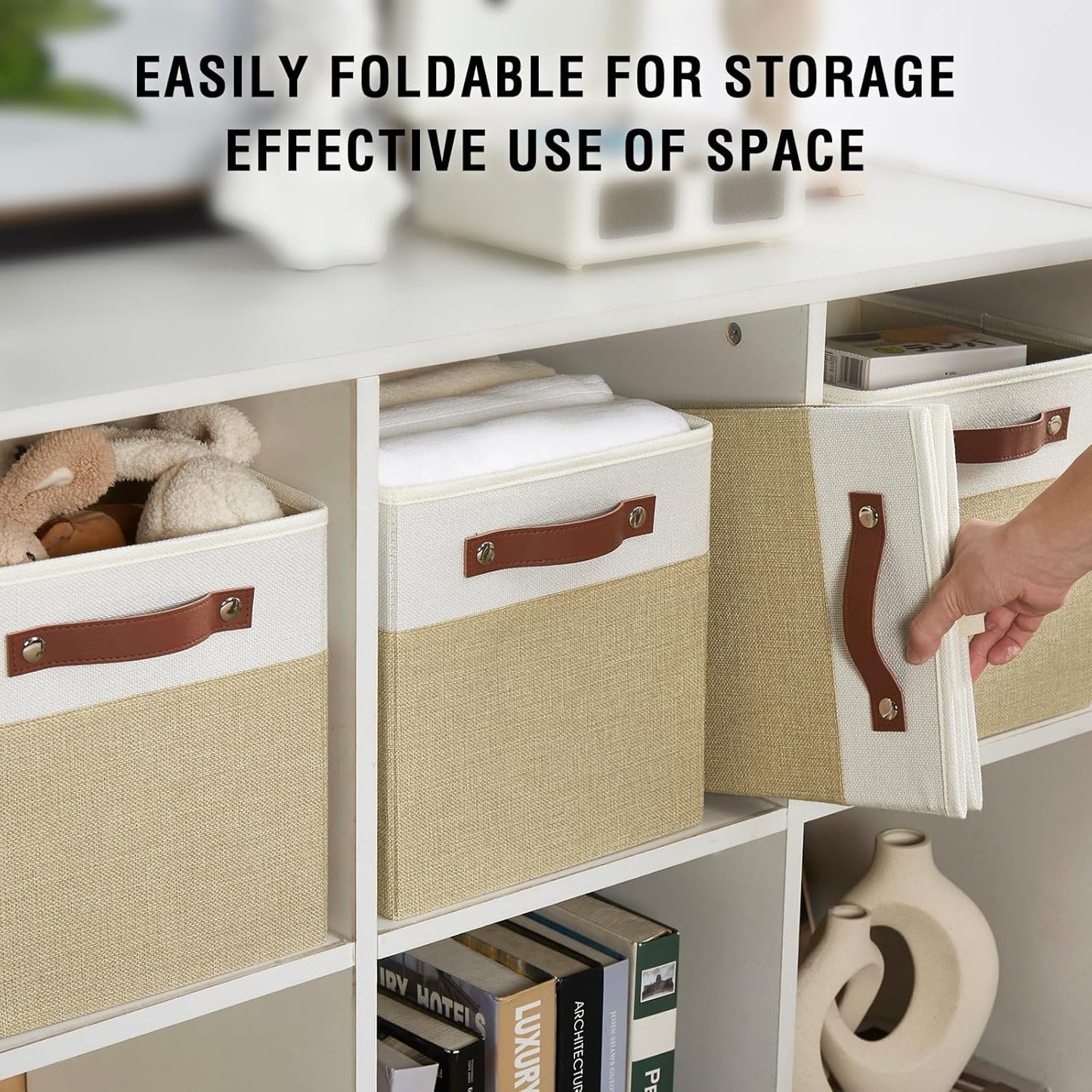 Collapsible Fabric Storage Cube Bins with 2 Reinforced PU Handles, Foldable Storage Organizer