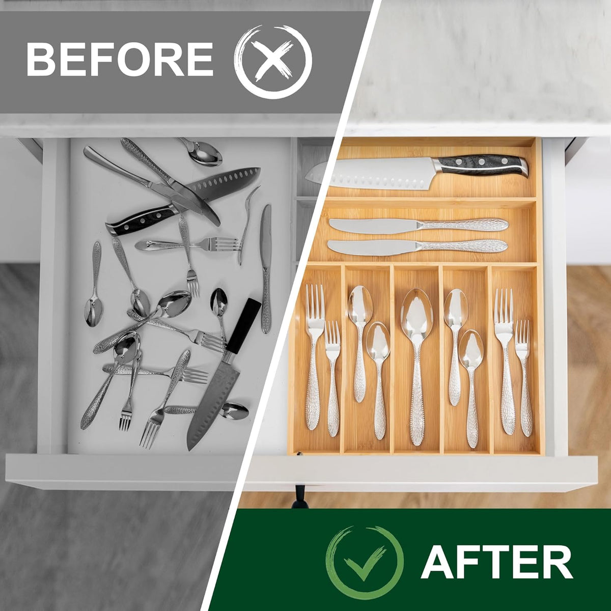 Bellsal Natural Utensil Organizer 12.5 Inch Silverware Organizer for Drawer Utensil Holder Cutlery