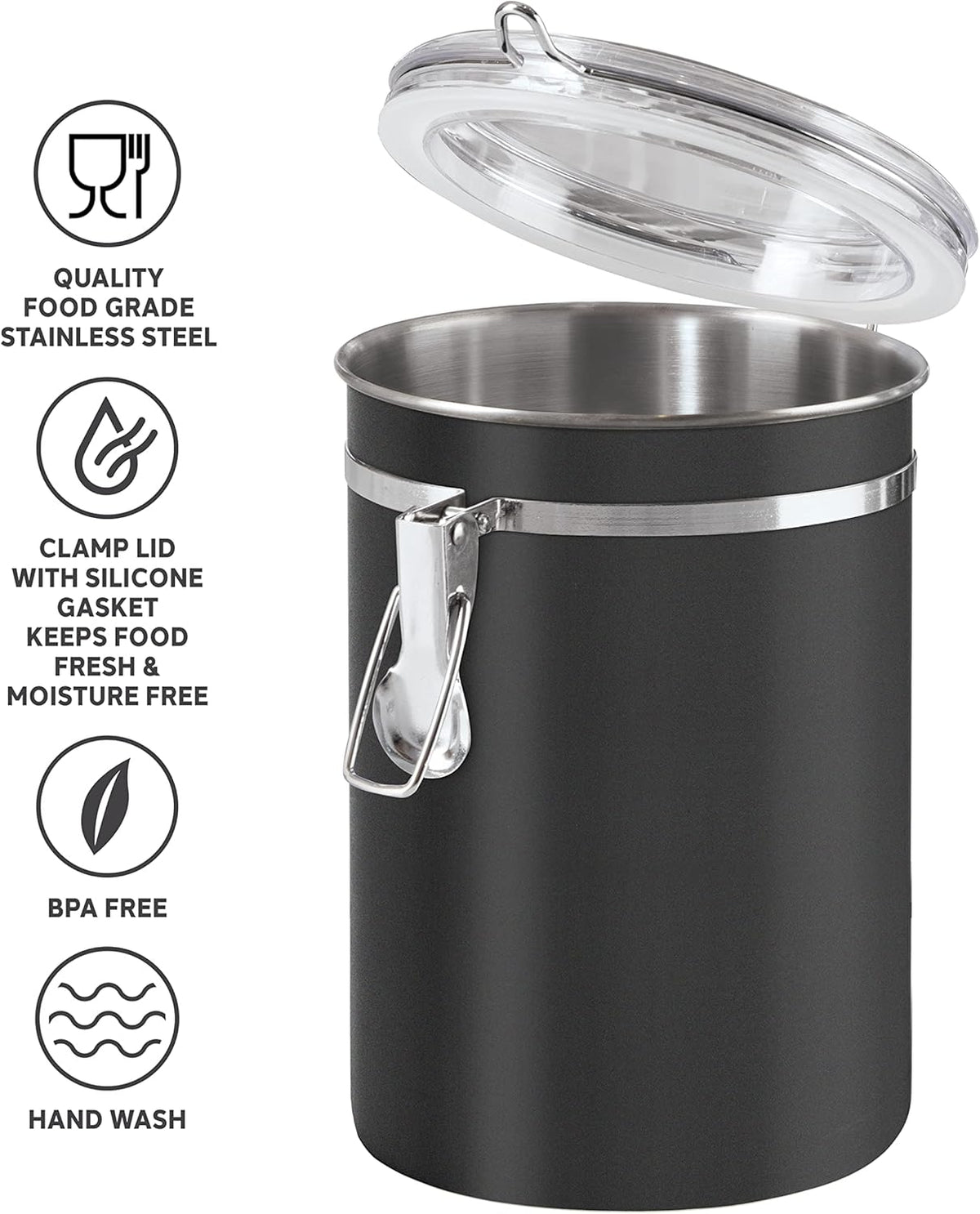 Oggi Stainless Steel Kitchen Canister 47 fl oz, Black - Airtight Clamp Lid, Clear See-Thru Top