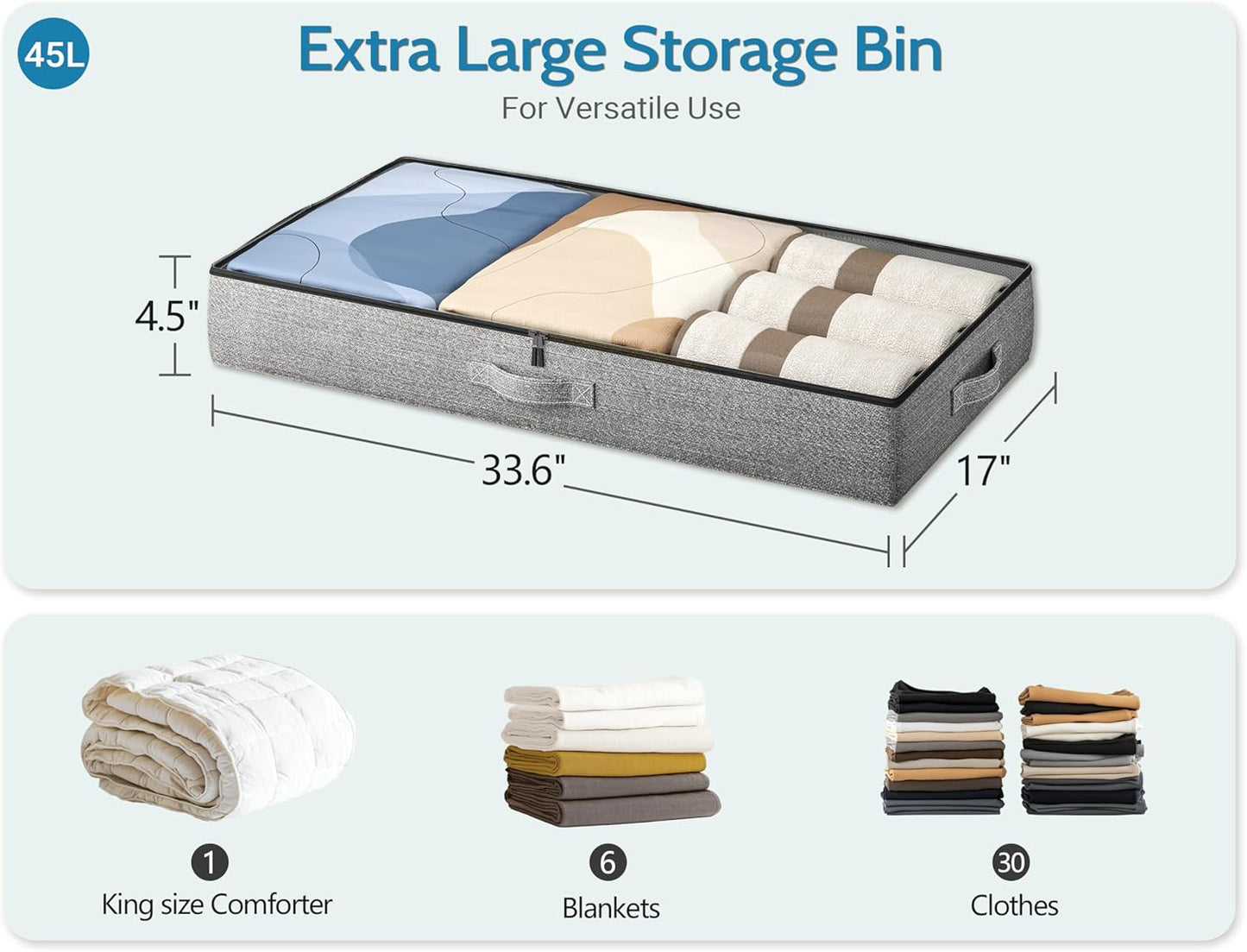 2-Pack Under Bed Storage Containers, 4.5 Inches Tall Low Profile Underbed Clothes Storage Organizer
