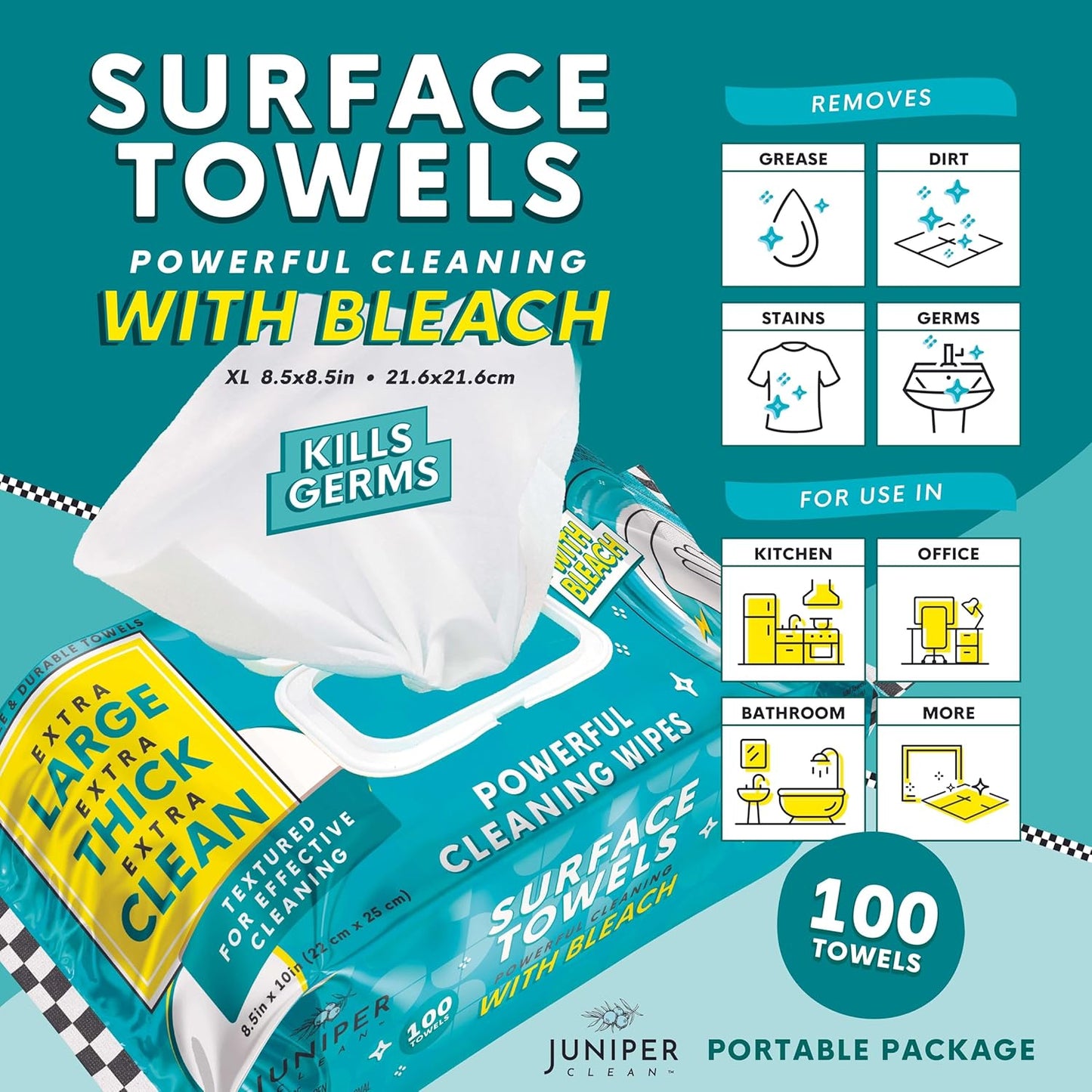 3 Packs Surface Wipes with Bleach, Thick & Large Dispose, All-Purpose Cleaner for Bathroom