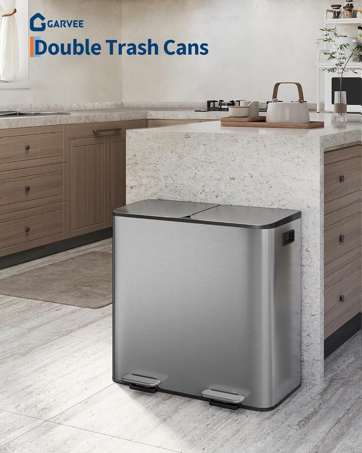 GarveeHome 2 x 10.6 Gallon Stainless Steel Double Trash Can with Lid for Kitchen, Large Dual Trash