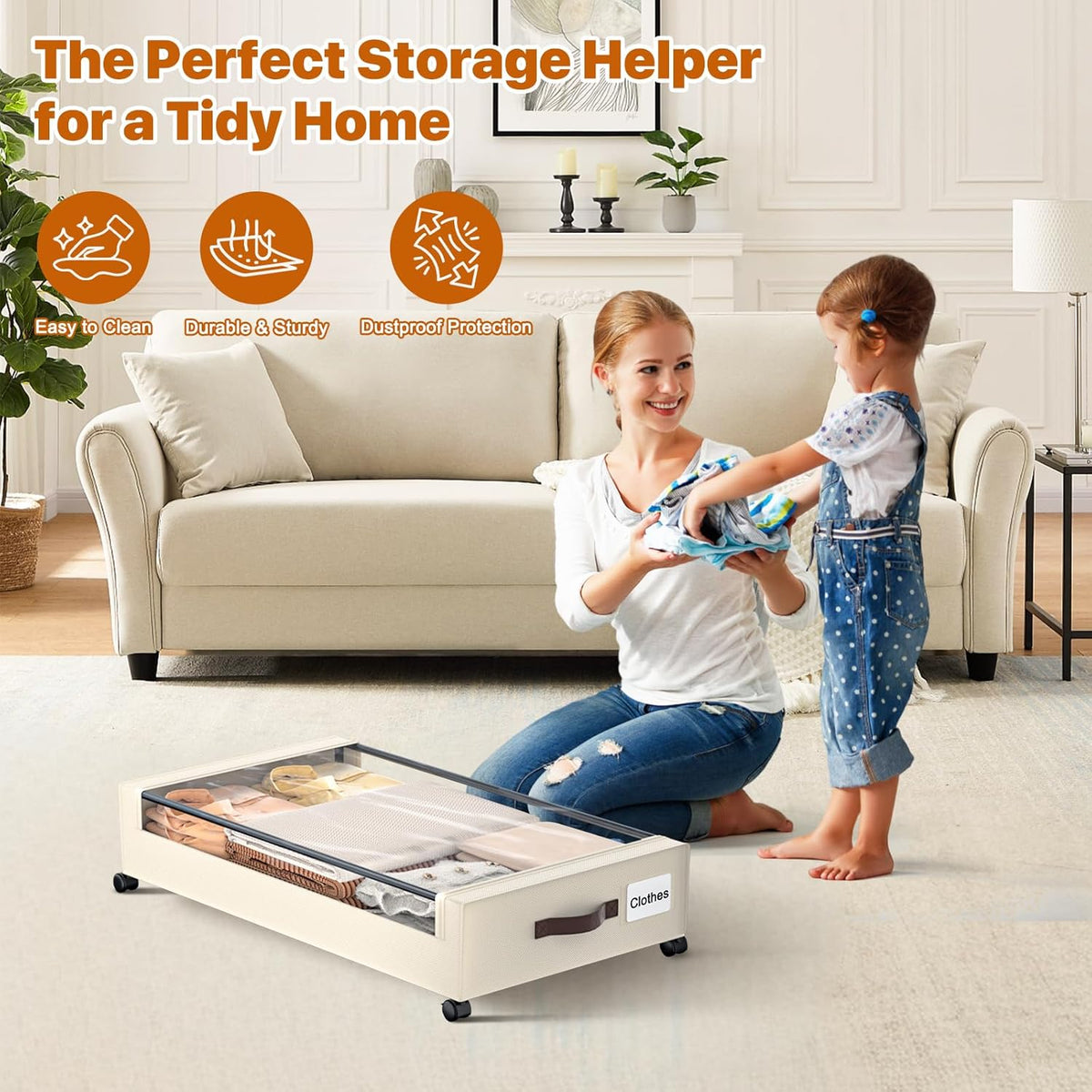 Under Bed Storage with Wheels,XXL 60L Under Bed Storage Containers with Clear Lids, Rolling Under