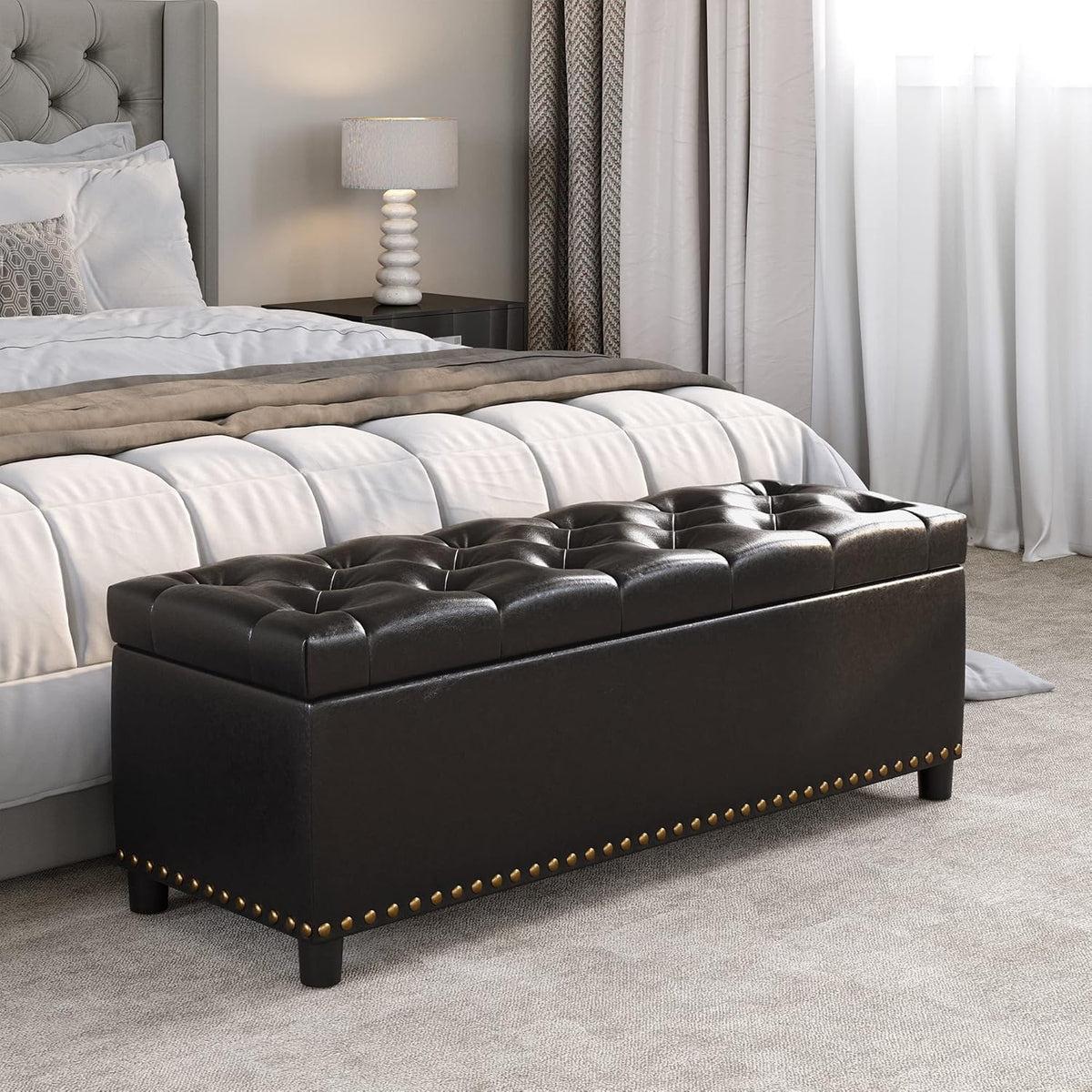 BELLEZE 47" Storage Ottoman, Storage Bench with Safety Close Hinge, Faux Leather Button-Tufted