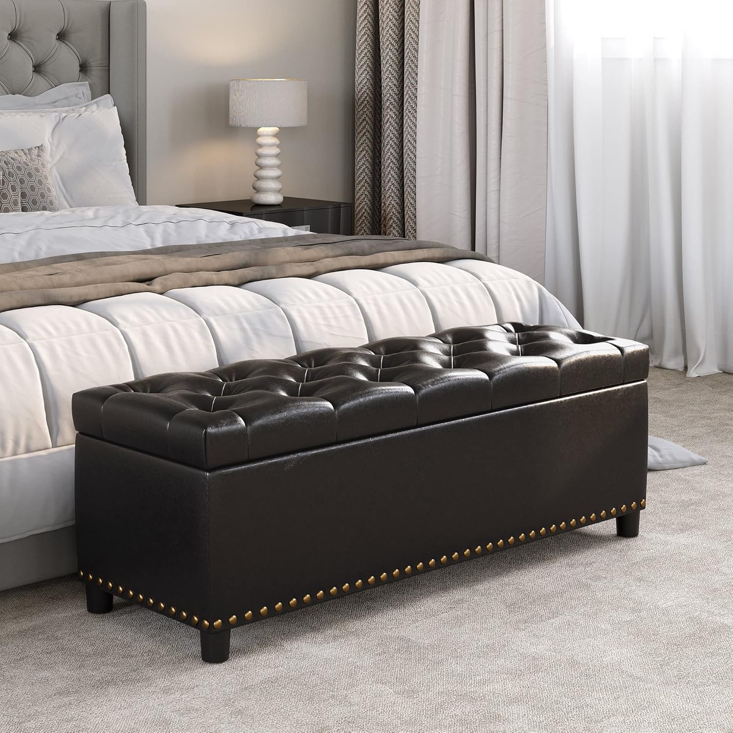 BELLEZE 47" Storage Ottoman, Storage Bench with Safety Close Hinge, Faux Leather Button-Tufted