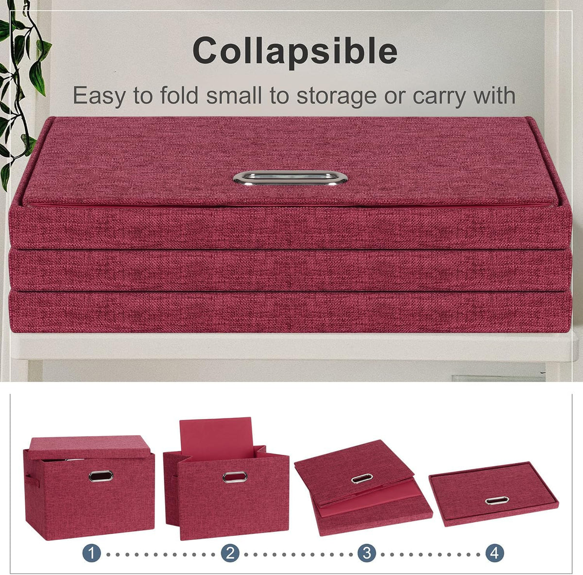 Large 17" 36 Quart Collapsible Stackable Storage Bins with Lids, 3 Packs Bright Red Linen Fabric