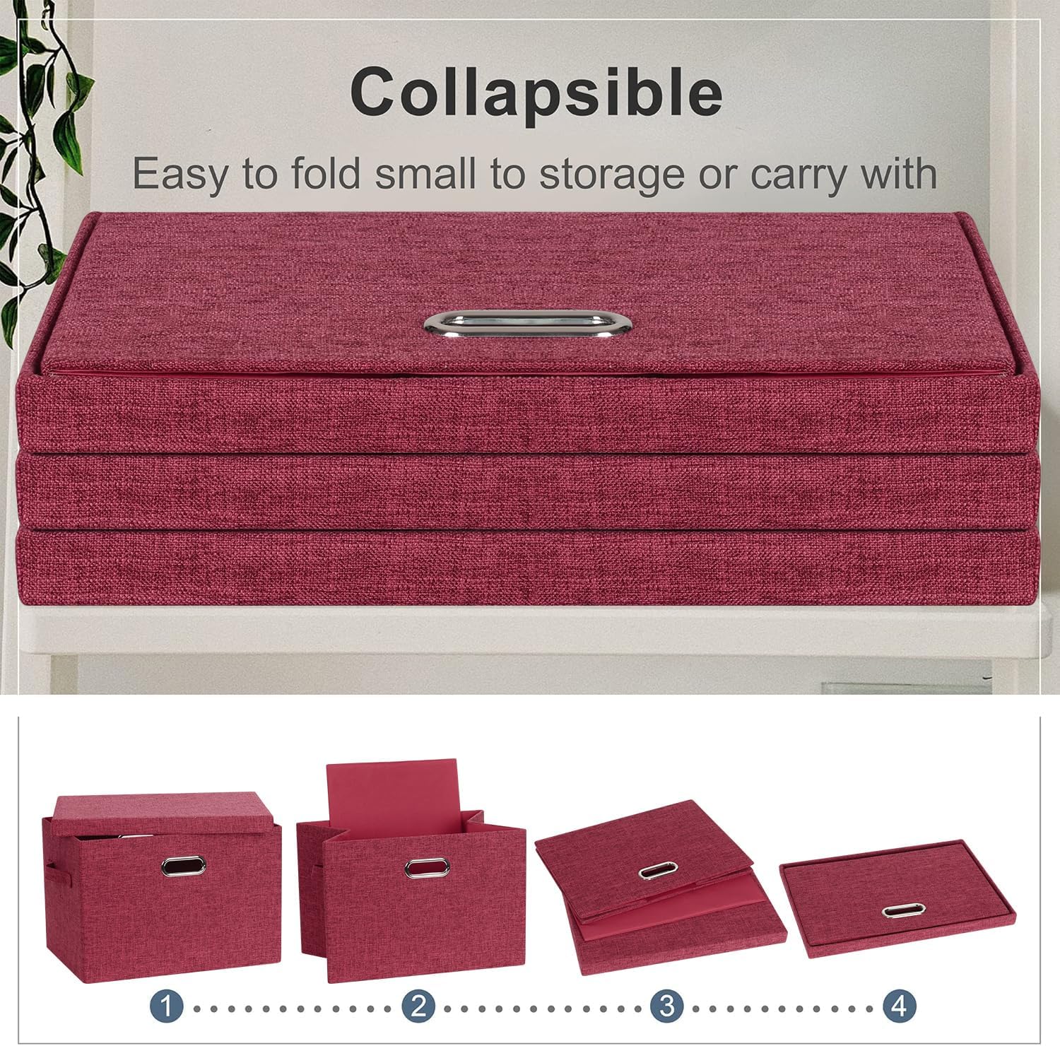 Large 17" 36 Quart Collapsible Stackable Storage Bins with Lids, 3 Packs Bright Red Linen Fabric