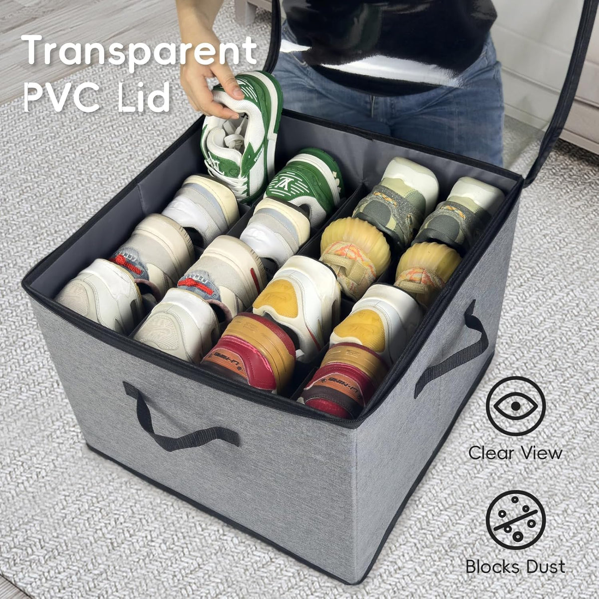Shoe Organizer for Closet, 3 Pack Shoe Storage Bins with Clear Cover, Adjustable Dividers Fits