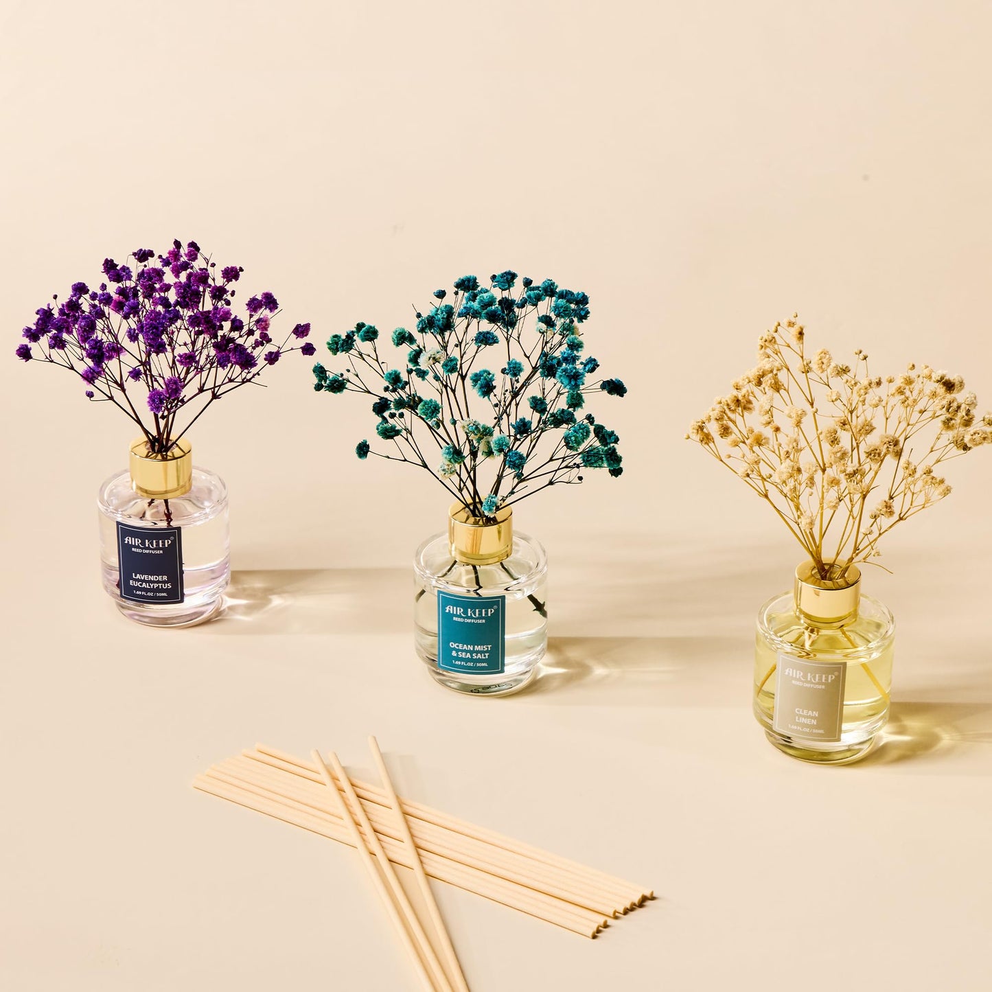 Airkeep Reed Diffuser Set of 3,Clean Linen Ocean Mist&Sea Salt Lavender Eucalyptus Oil Reed