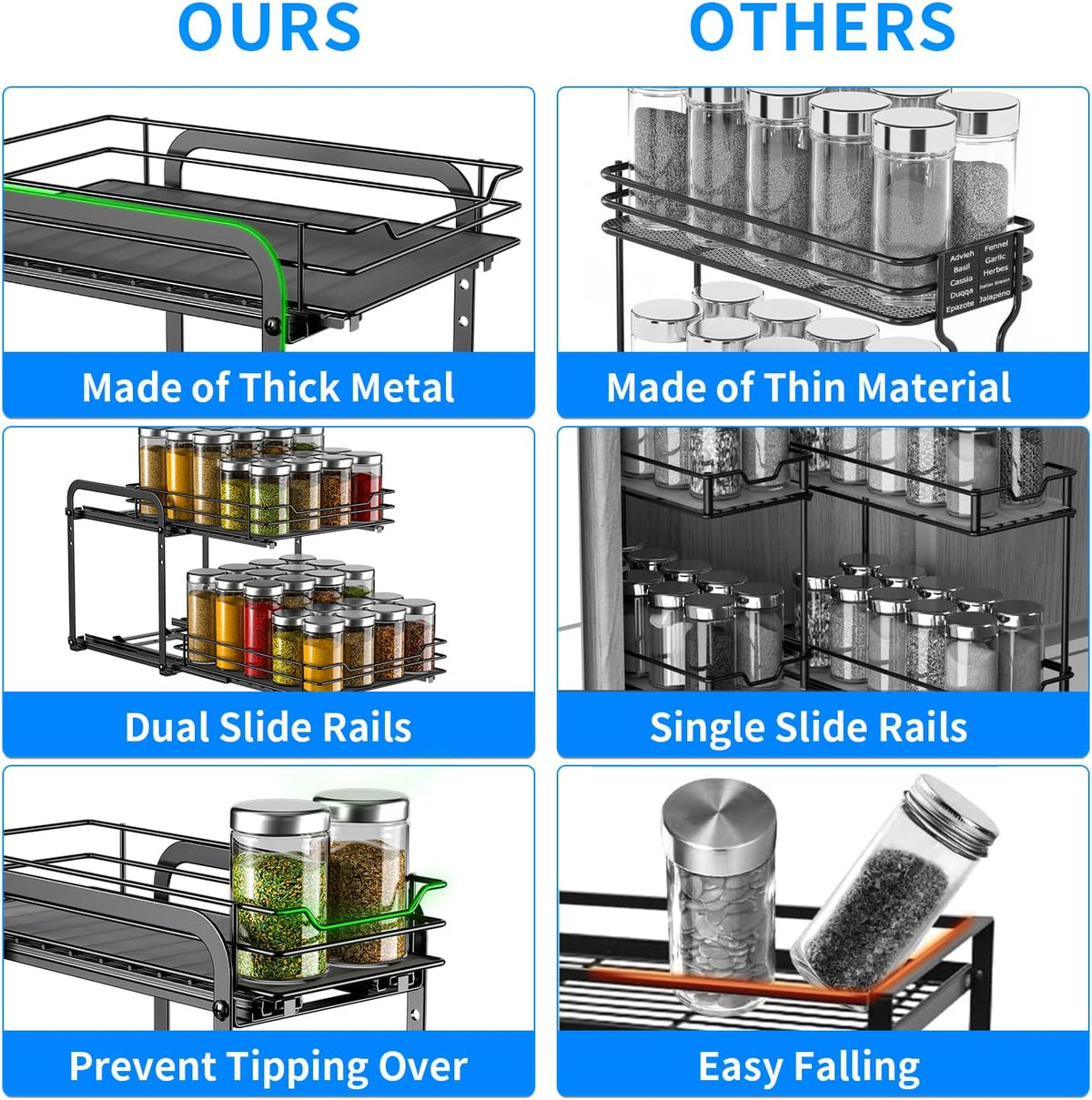 RCHYFEED Spice Organization for Cabinet, 2 Tier Pull Out Spice Rack for Seasoning Organizer, Height