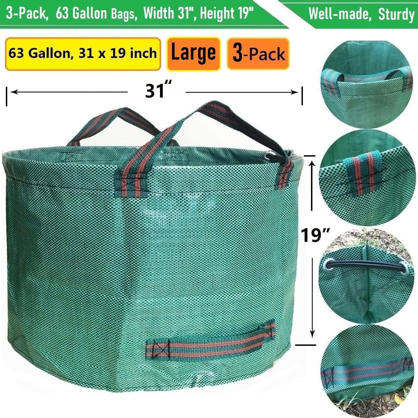 Professional 3-Pack 63 Gallons Lawn Garden Bags (D31, H19 inches) Reusable Yard Waste Bag with