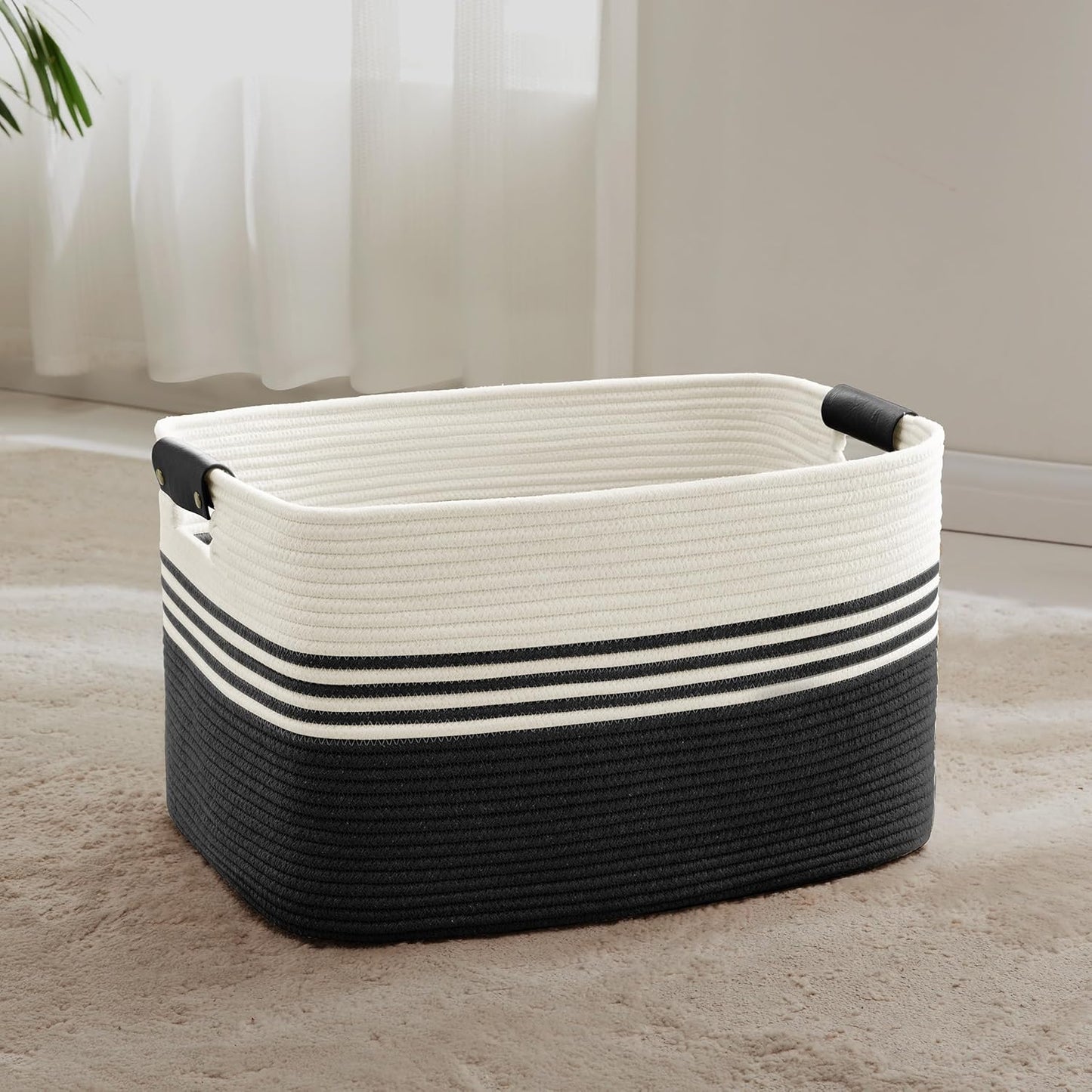 60L Large Laundry Basket with Leather Handles for Living Room Storage, Woven Rope Baskets Bin for