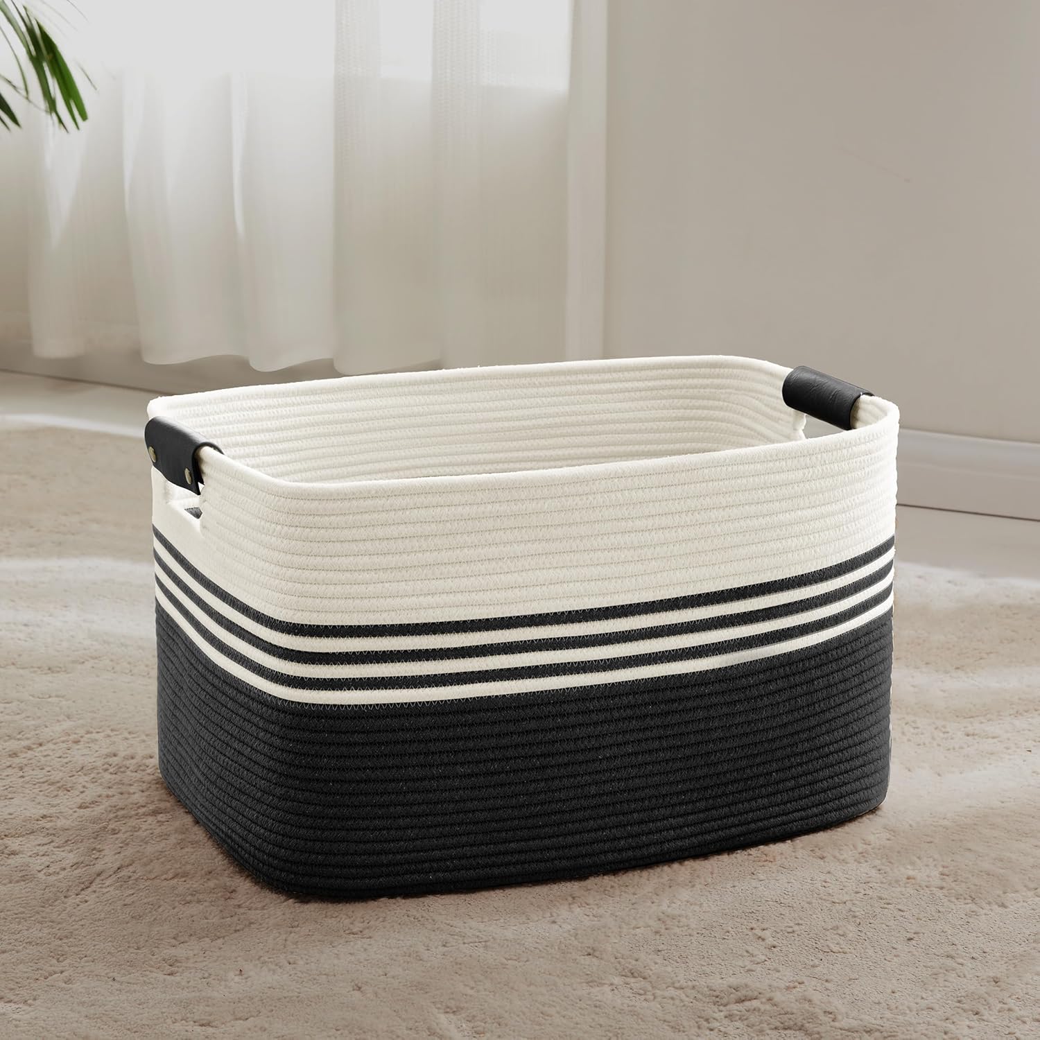 60L Large Laundry Basket with Leather Handles for Living Room Storage, Woven Rope Baskets Bin for