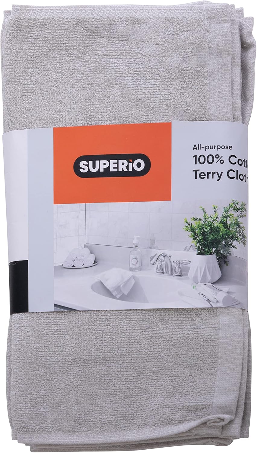 Superio Cotton Terry Washcloths Grey Towels 100% Cotton Cleaning Cloth 16" Rags Wash Clothes for