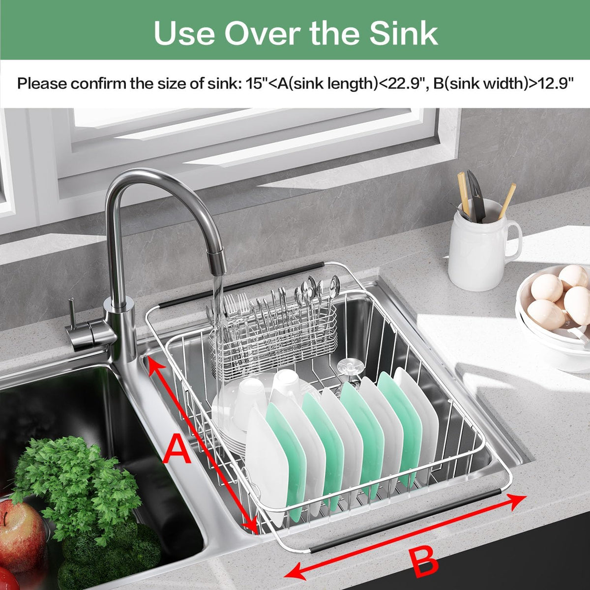Large Dish Drainer Rack in Sink Adjustable, Expandable 304 Stainless Steel Metal Dish Drying Rack