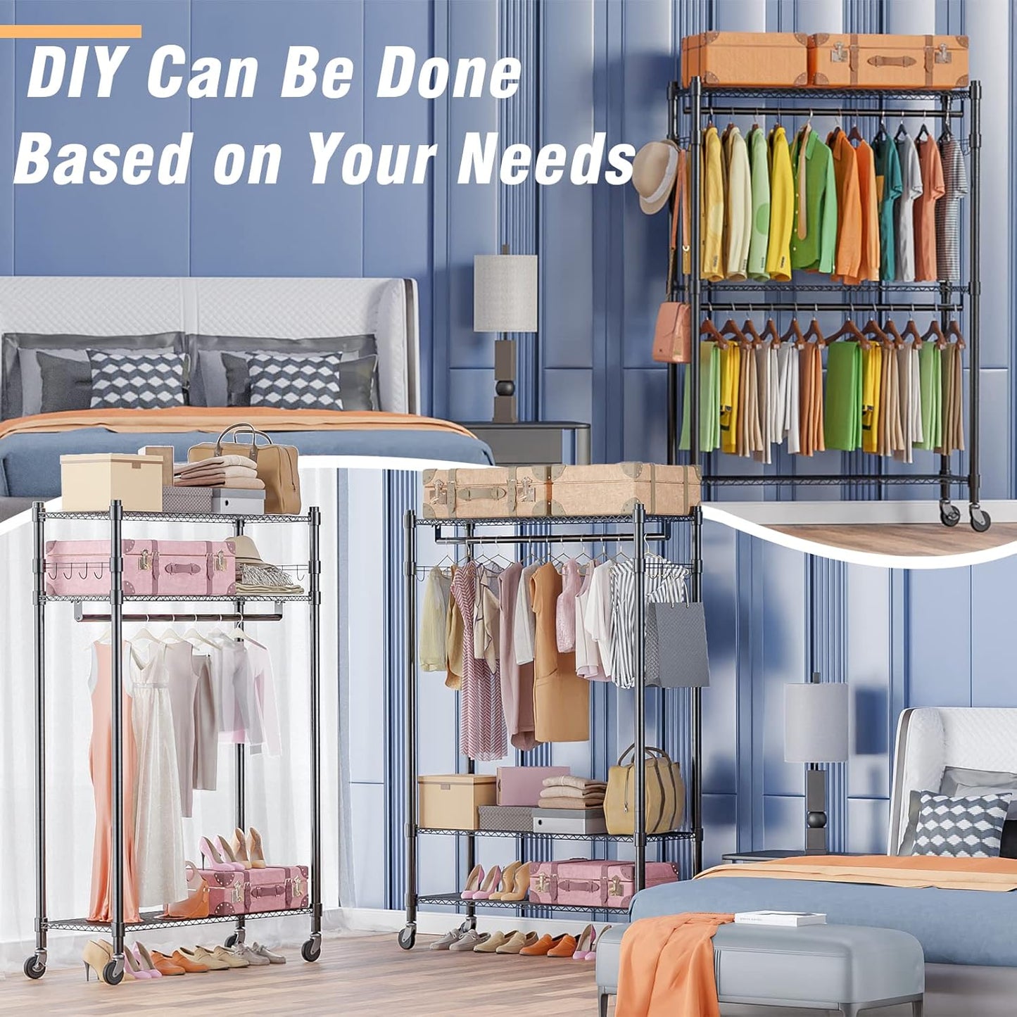 Homdox Rolling Garment Rack with Double Rod, Heavy Duty Clothing Rack with Shelves, Portable