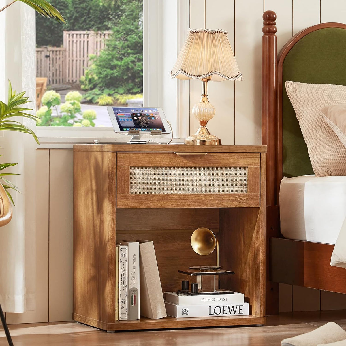 LEYAOYAO Rattan Nightstands Set of 2 with Charging Station, Natural Wood Night Stand with Drawer