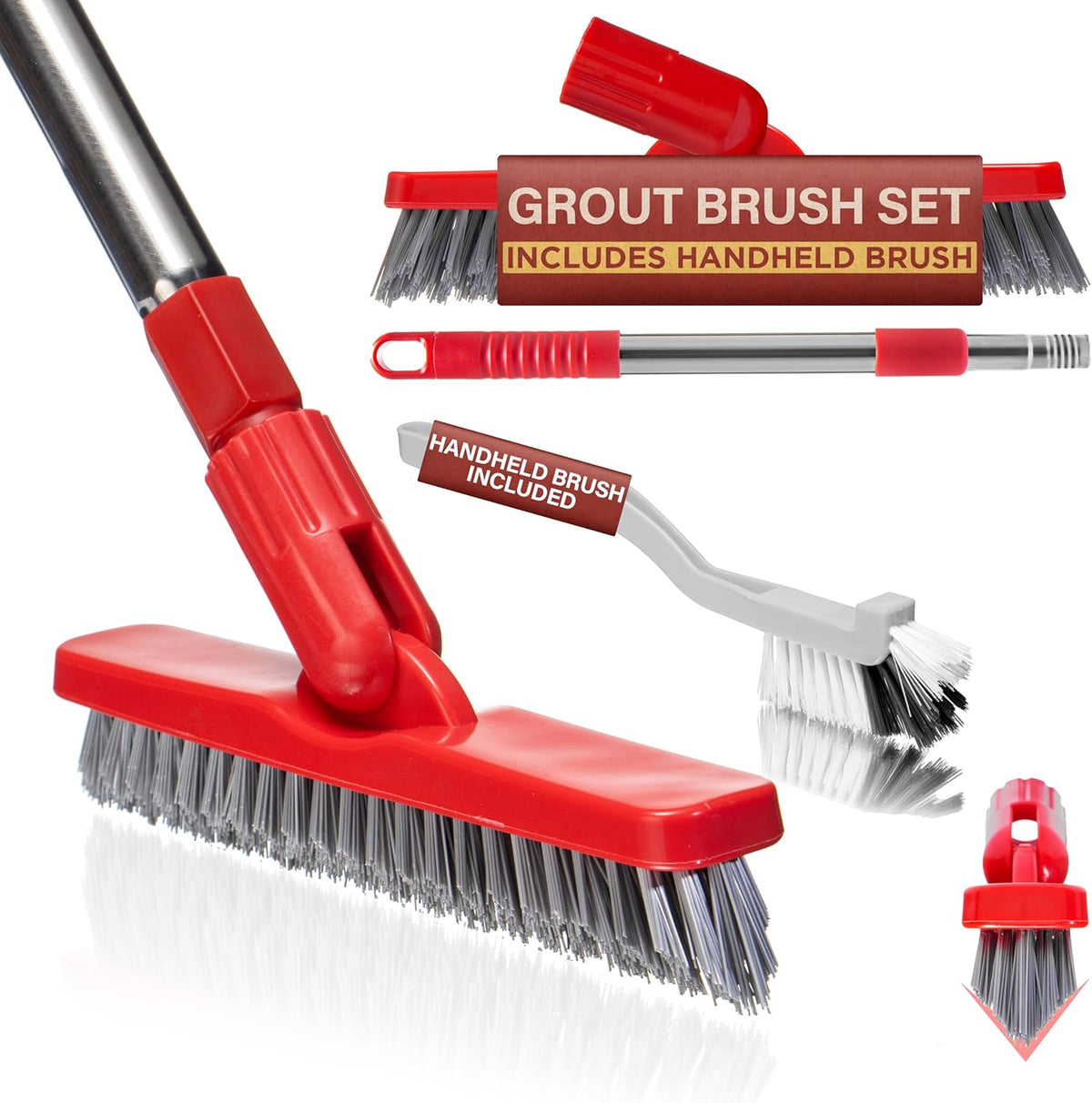 Foxtrot Living Grout Brush with Long Handle & Handheld Stiff Bristle Scrubber, V-Shaped Cleaner