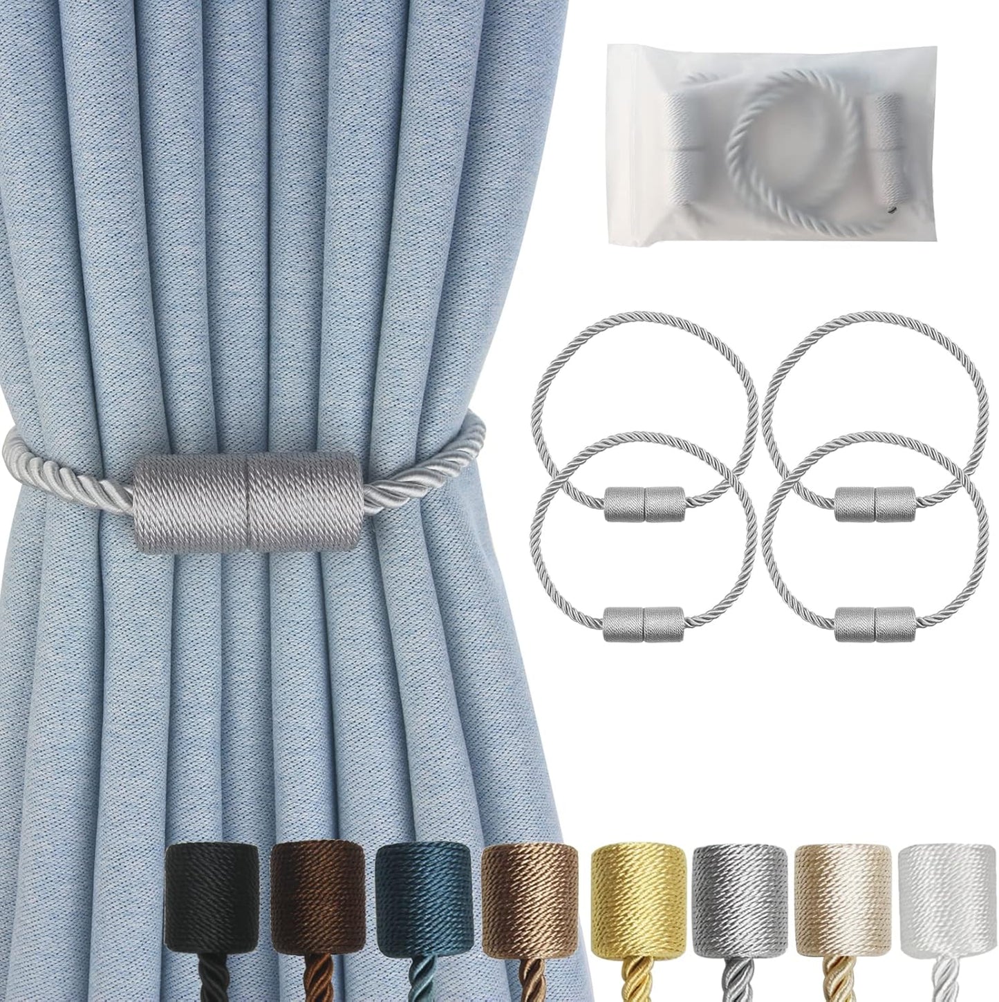 Magnetic Curtain Tiebacks 4 Pack Grey Curtain Rope Tieback Curtain Holders for Drapes Modern Tie